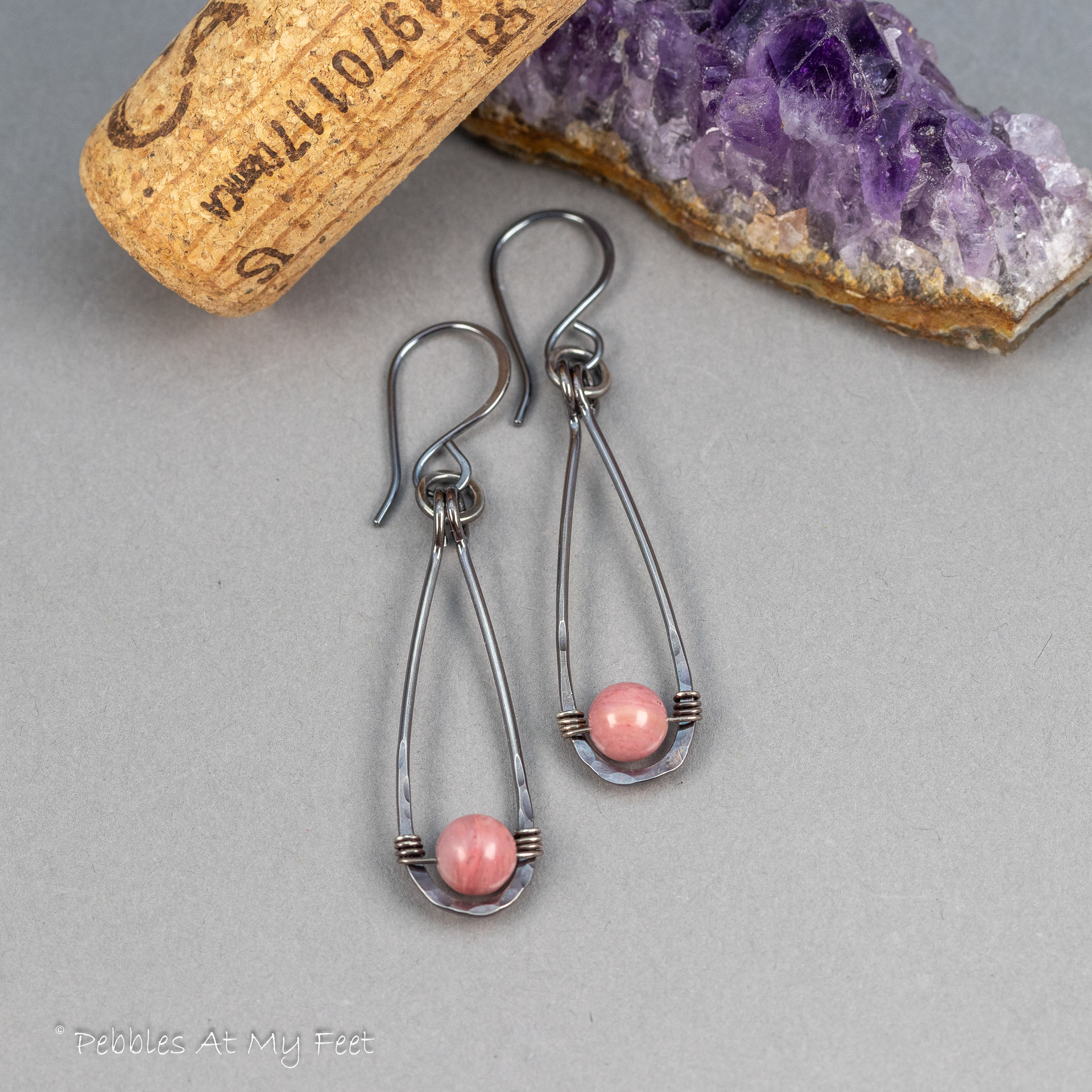 Pink Stone Wire Wrapped Teardrop Earrings in Oxidized Sterling Silver
