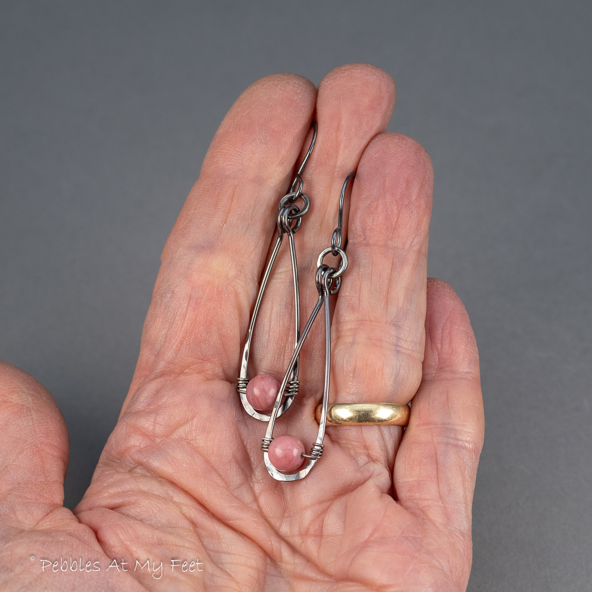 Pink Stone Wire Wrapped Teardrop Earrings in Oxidized Sterling Silver
