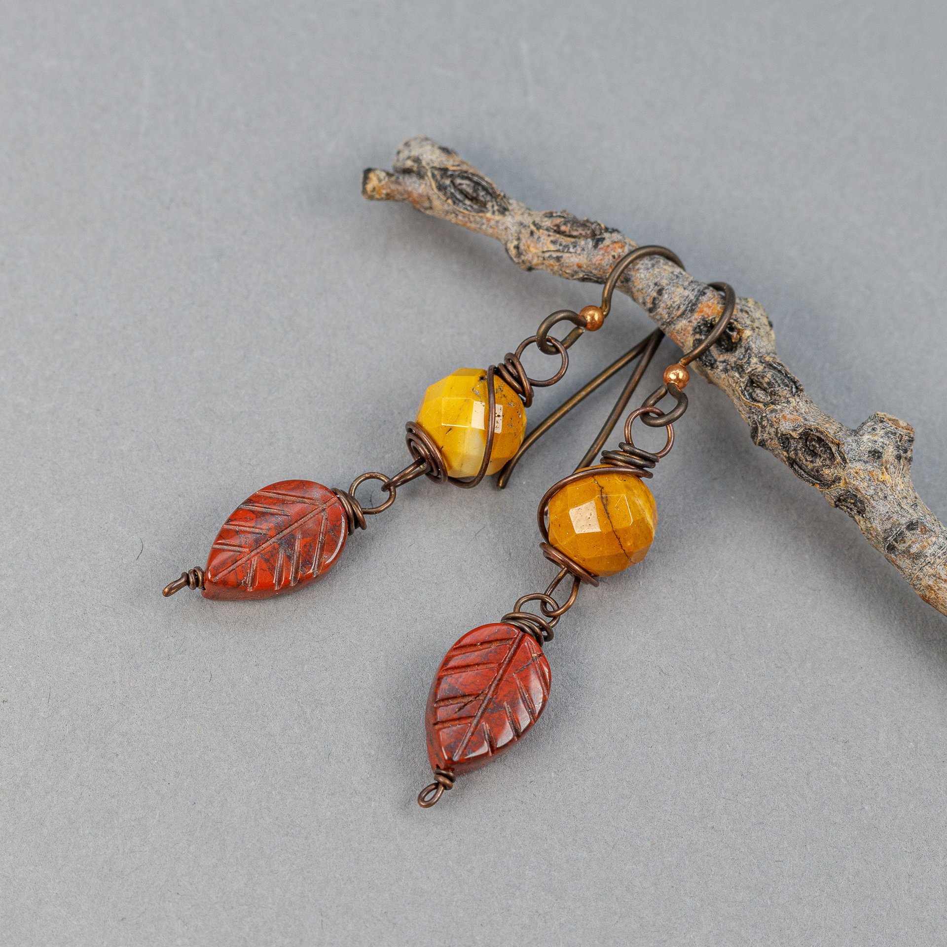 Dainty Jasper Leaf Earrings, Earthy Red and Yellow Stone Earrings Nickel Free