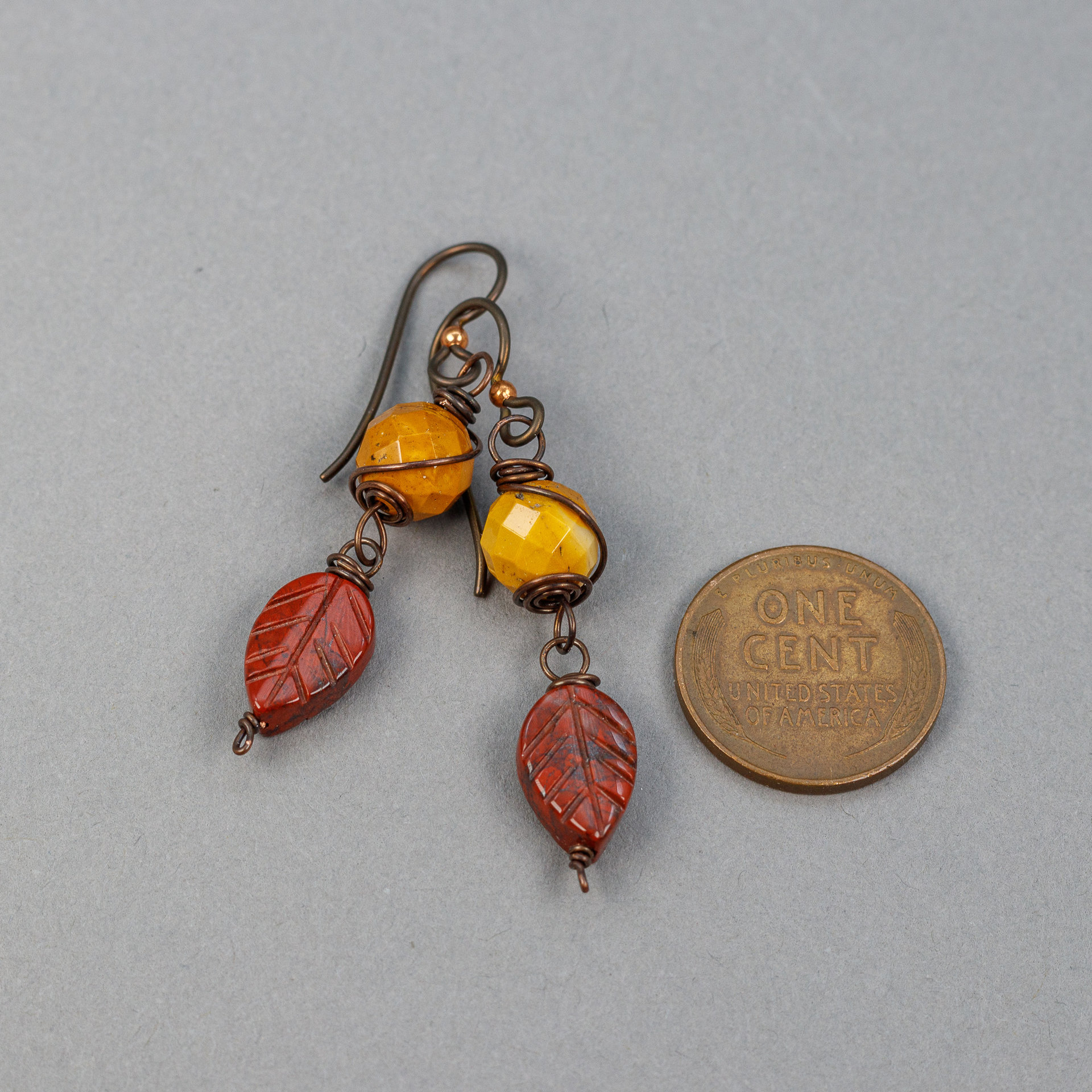 Dainty Jasper Leaf Earrings, Earthy Red and Yellow Stone Earrings Nickel Free
