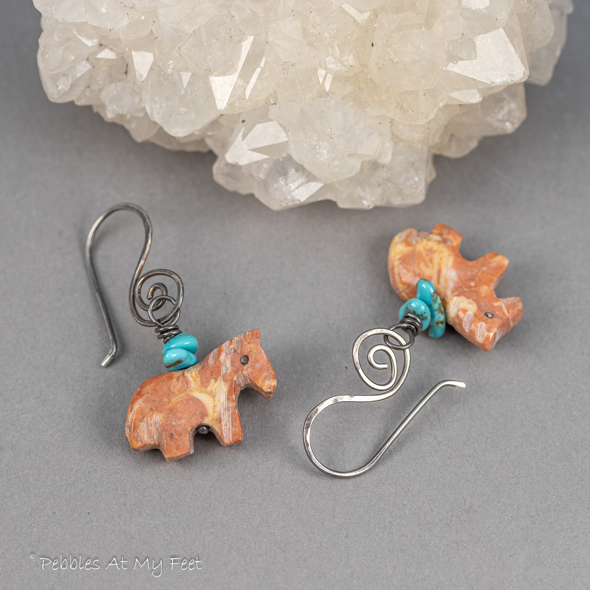 Horse Earrings, Southwest Red Stone Horse and Turquoise Earrings