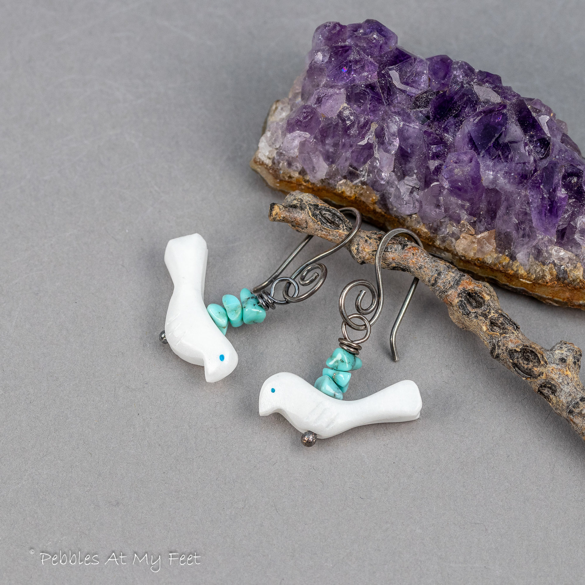 Carved White Stone Bird Earrings