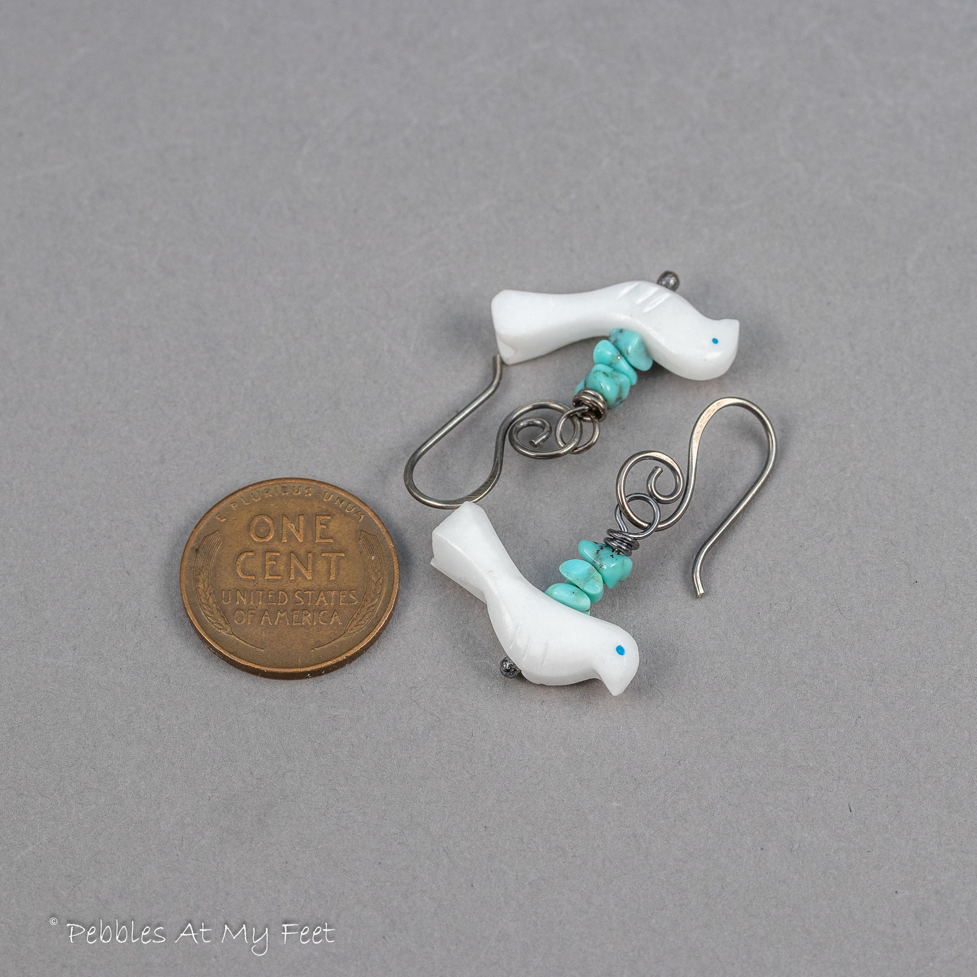 Carved White Stone Bird Earrings with Real Turquoise Accent