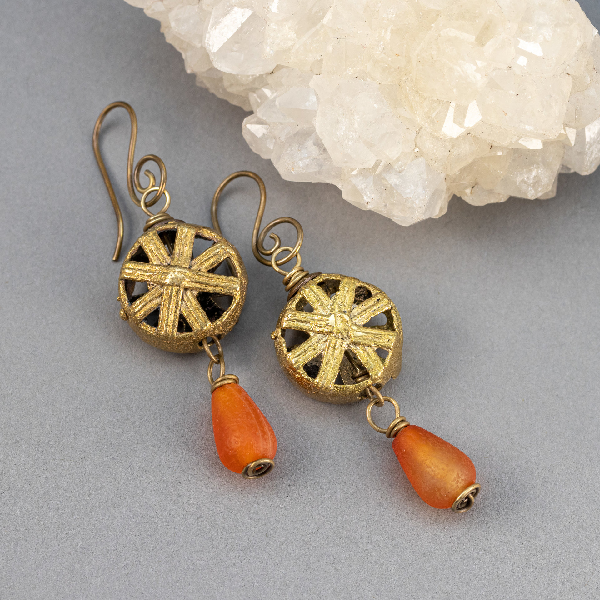 Rustic Brass Dangle Earrings with African Brass Beads and Agate Stone Drops