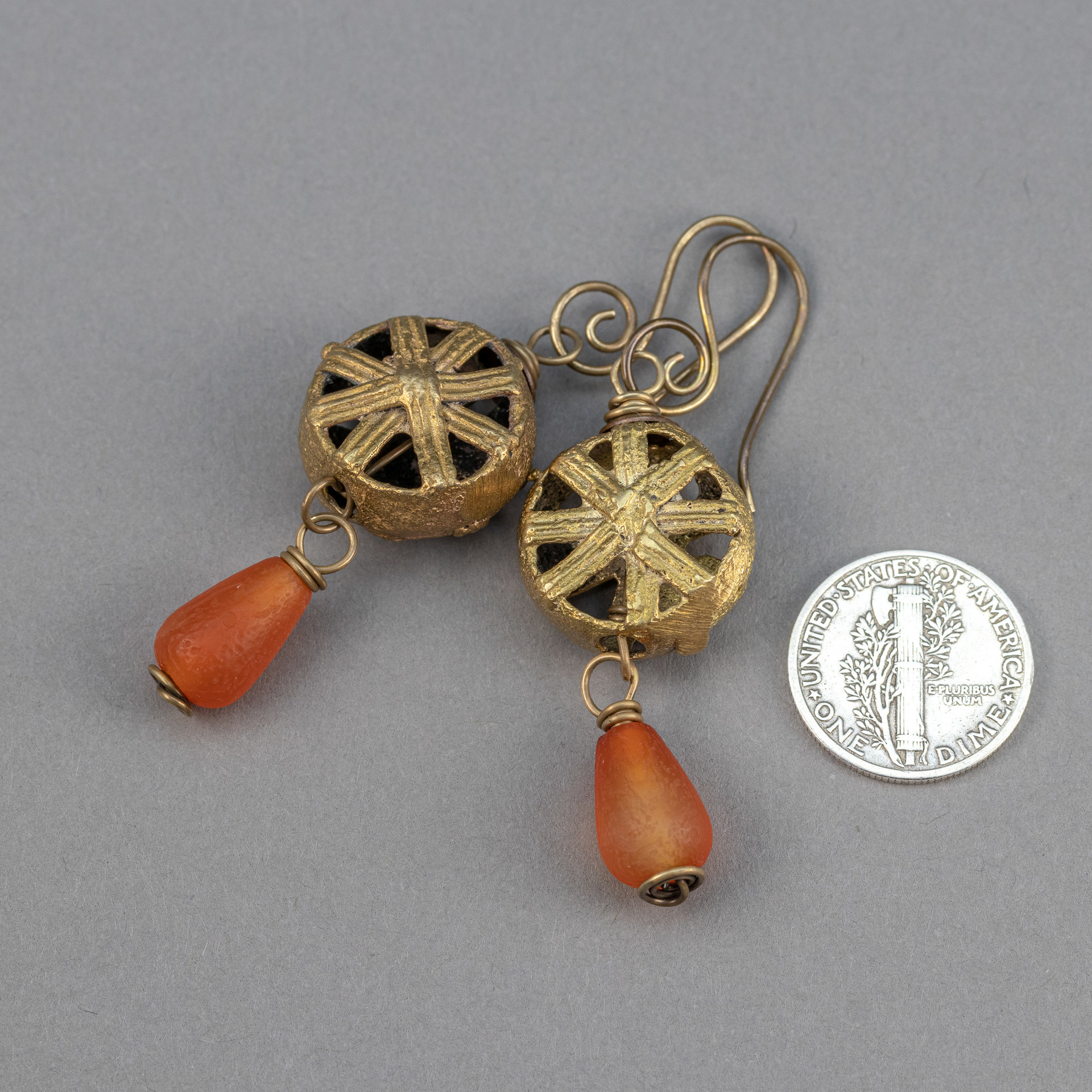 Rustic Brass Dangle Earrings with African Brass Beads and Agate Stone Drops