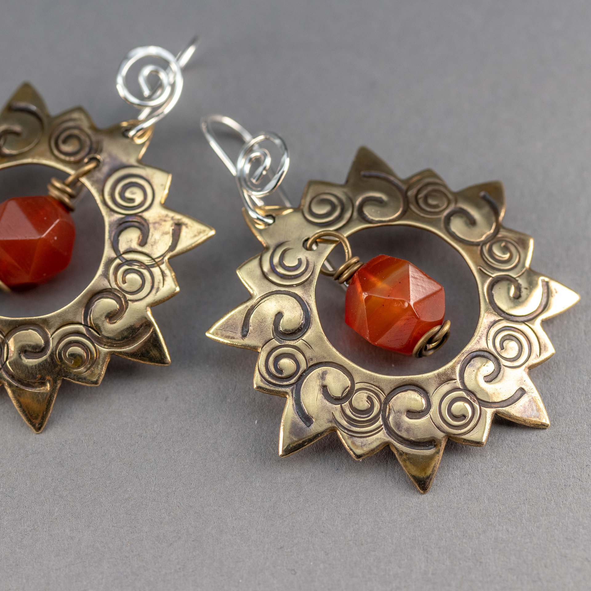 Brass Sun Earrings, Carnelian Statement Earrings
