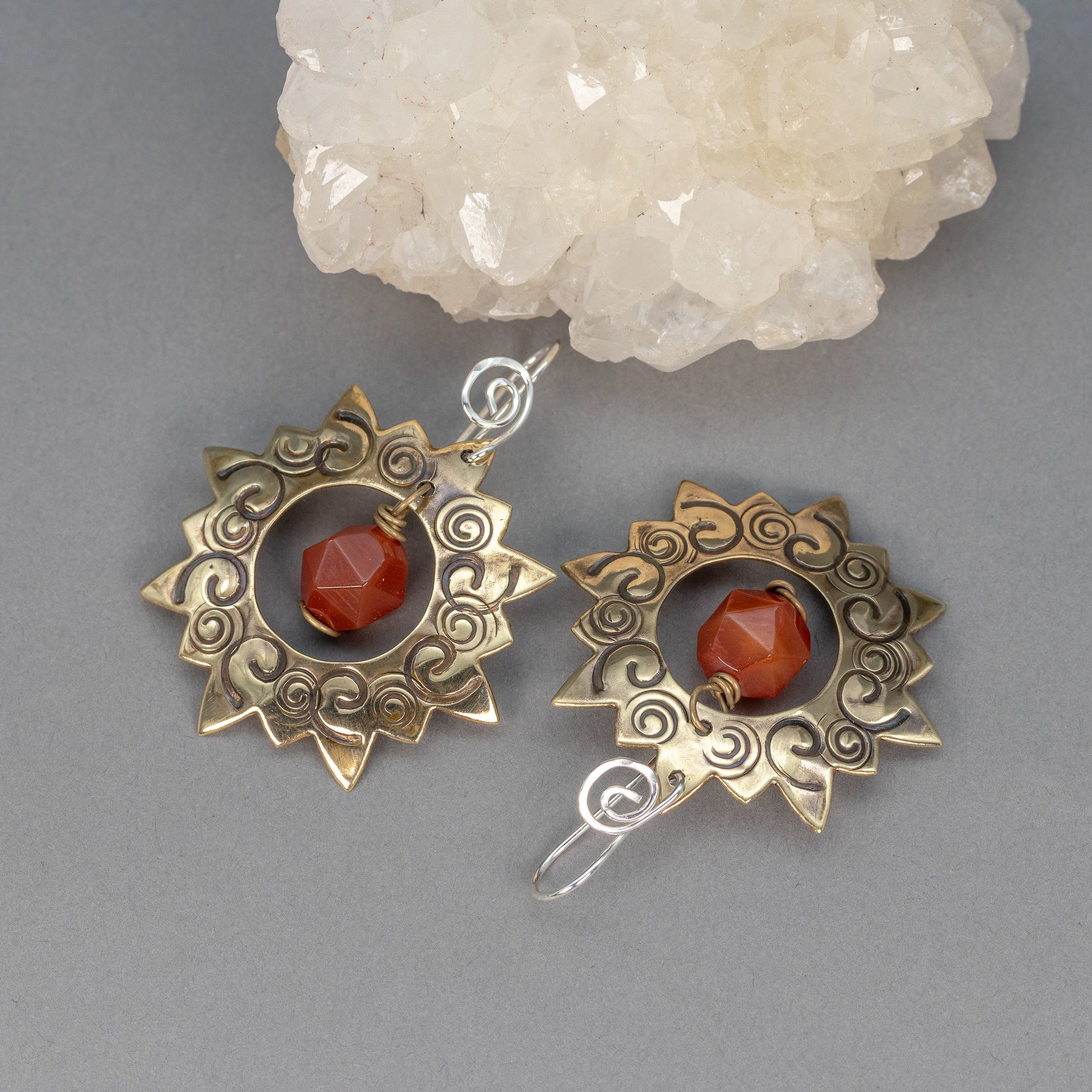 Brass Sun Earrings, Carnelian Statement Earrings