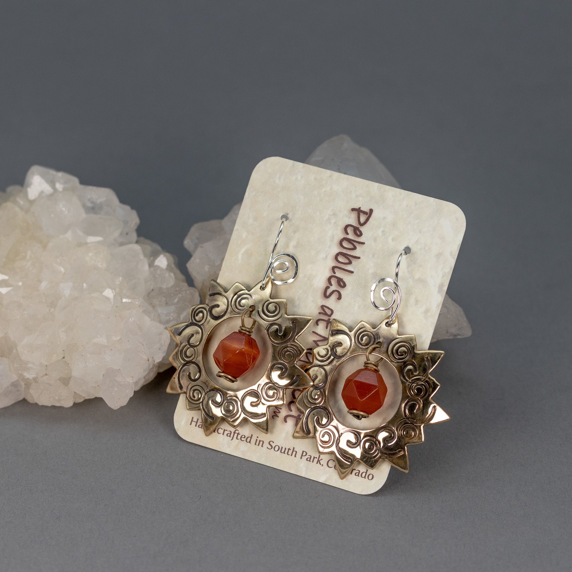 Brass Sun Earrings, Carnelian Statement Earrings