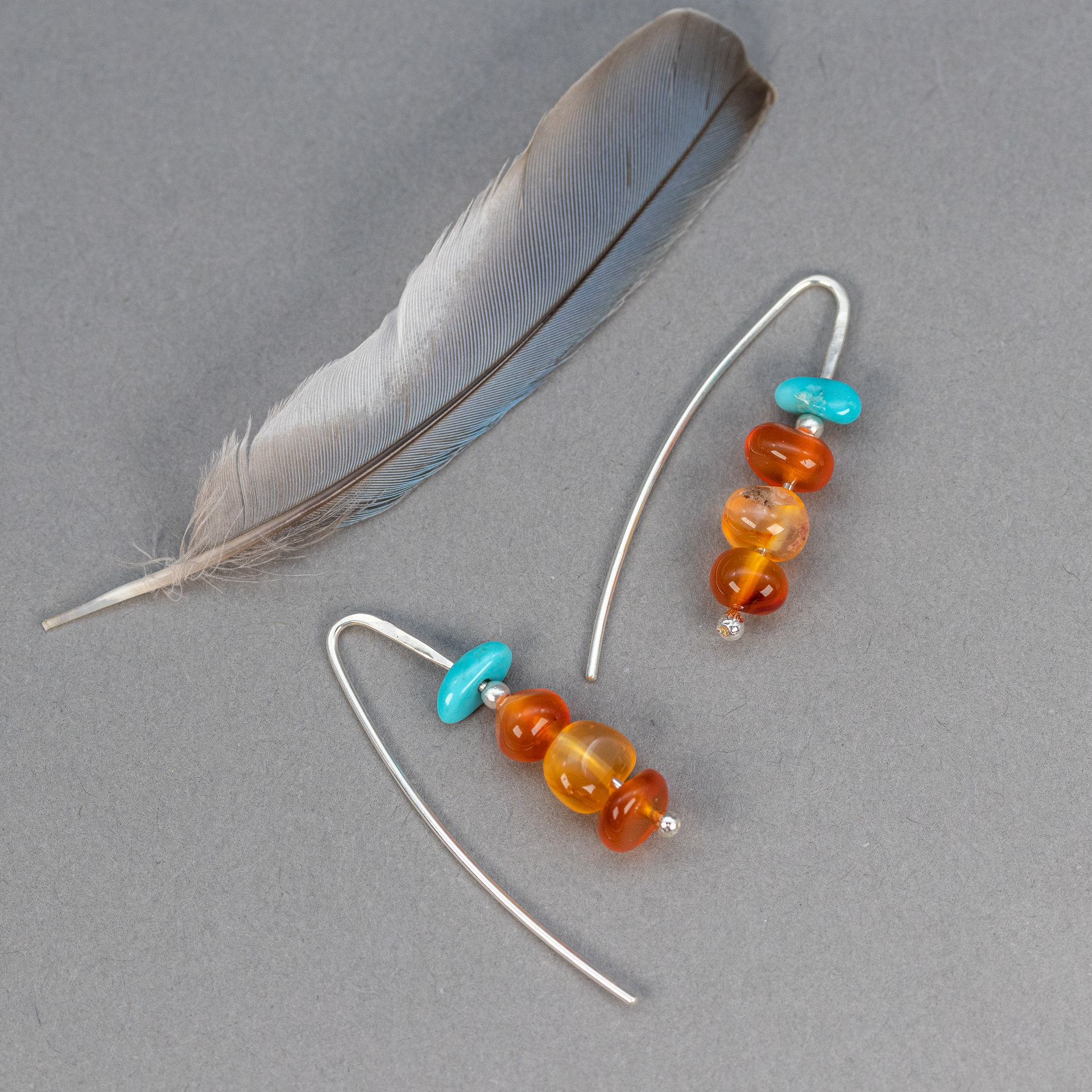 Sterling Silver Drop Earrings with Orange and Turquoise Stones