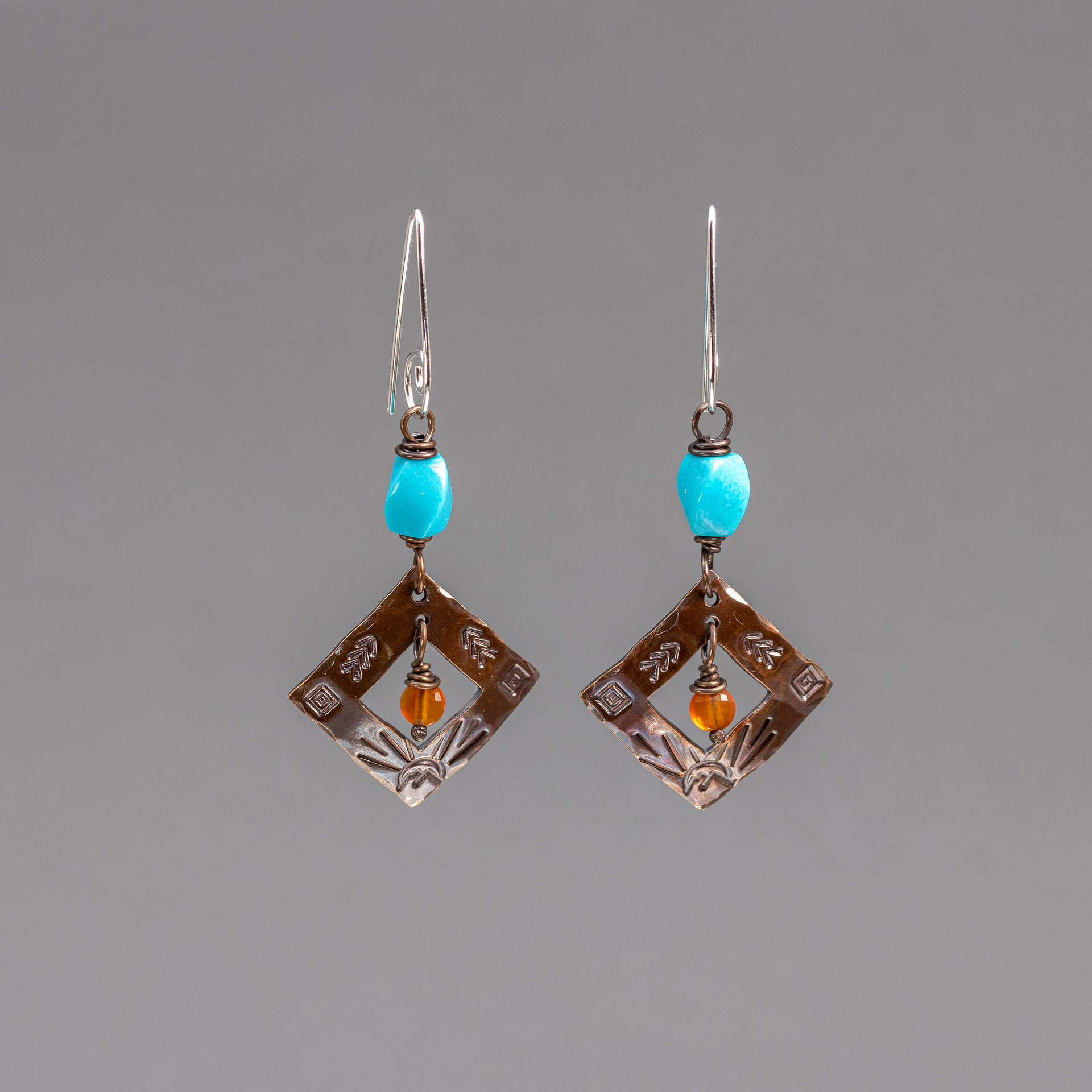 Handcrafted Copper Dangle Earrings with Nacozari Turquoise, and Carnelian Gemstones