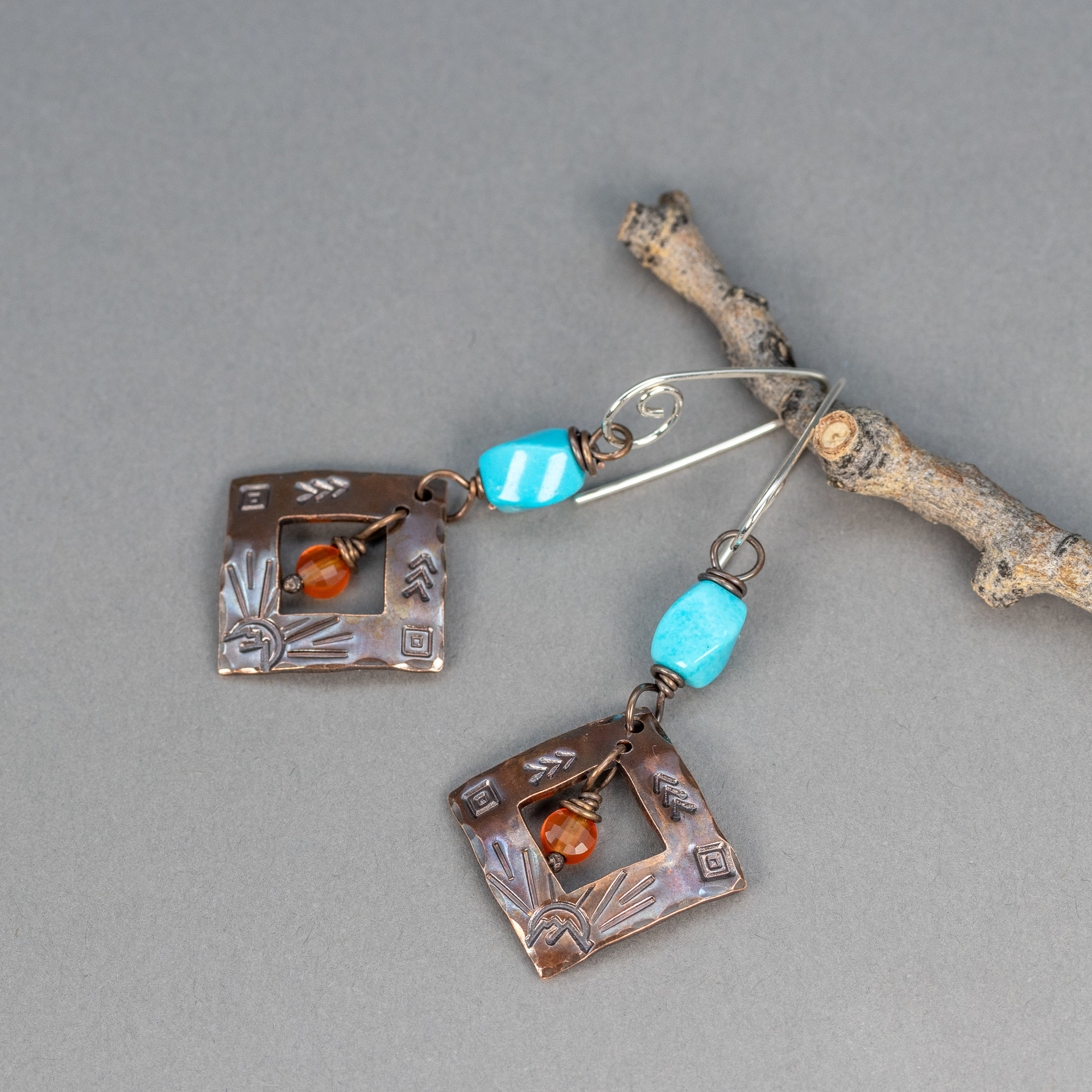Handcrafted Copper Dangle Earrings with Nacozari Turquoise, and Carnelian Gemstones