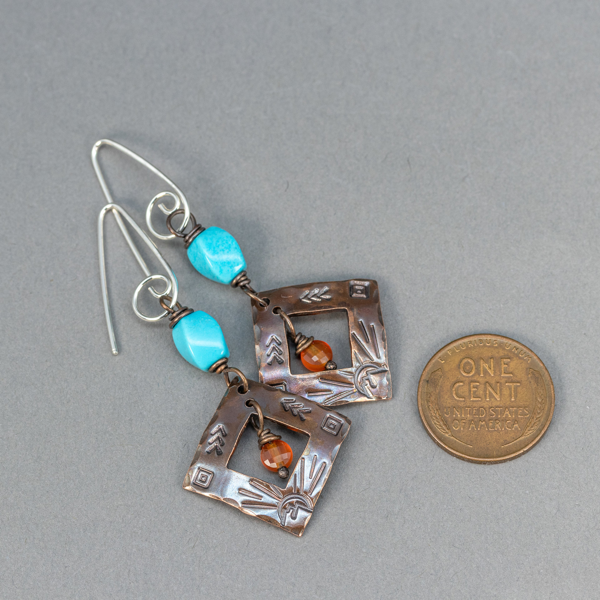 Handcrafted Copper Dangle Earrings with Nacozari Turquoise, and Carnelian Gemstones