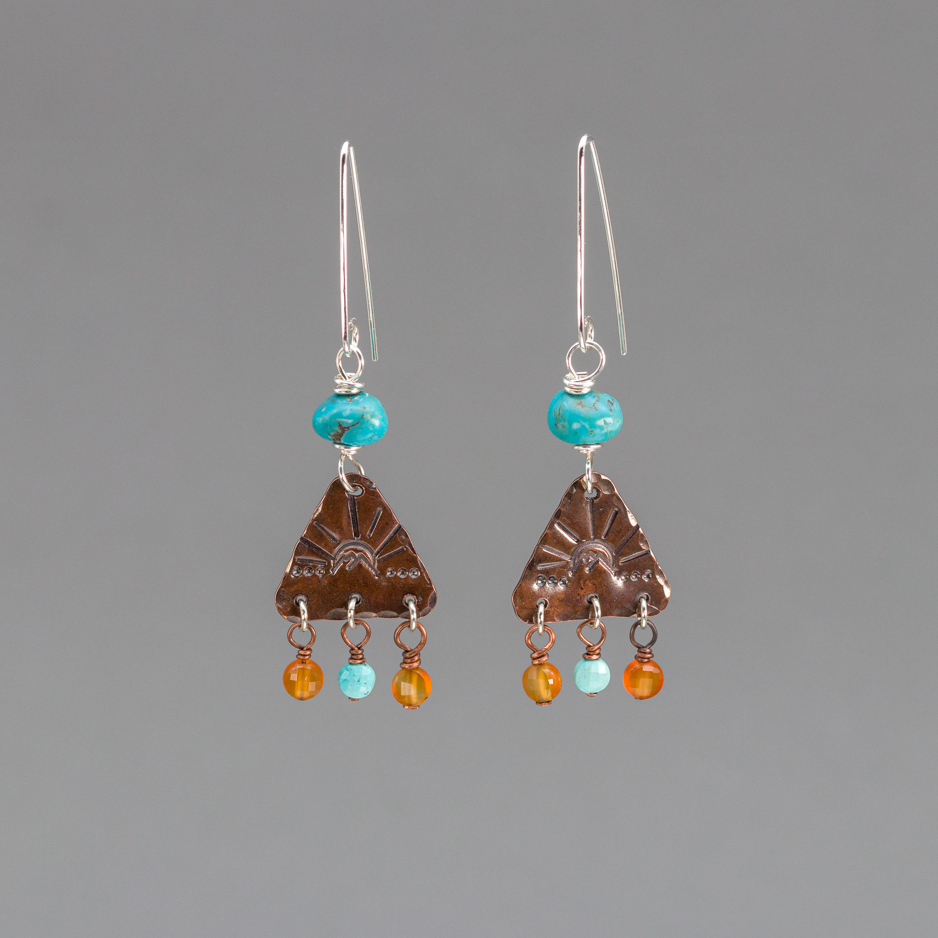 Turquoise Copper Gemstone Fringe Earrings, Mountain Sun Dangle Earrings