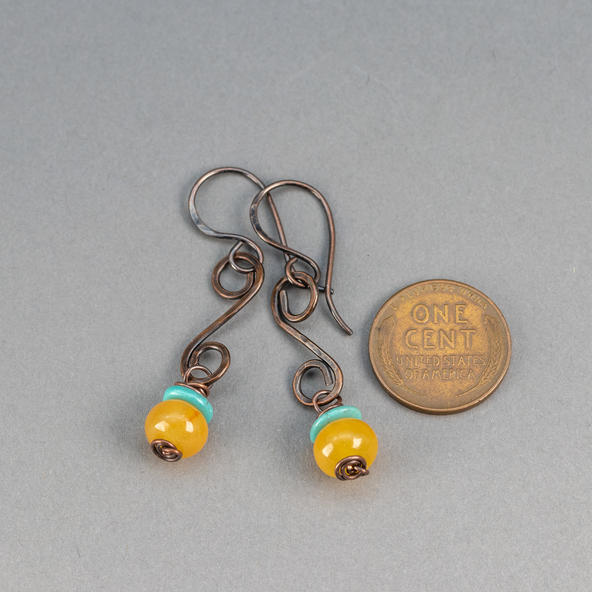 Yellow Aventurine Earrings in Copper, Golden Yellow Stone Small Dangle Earrings