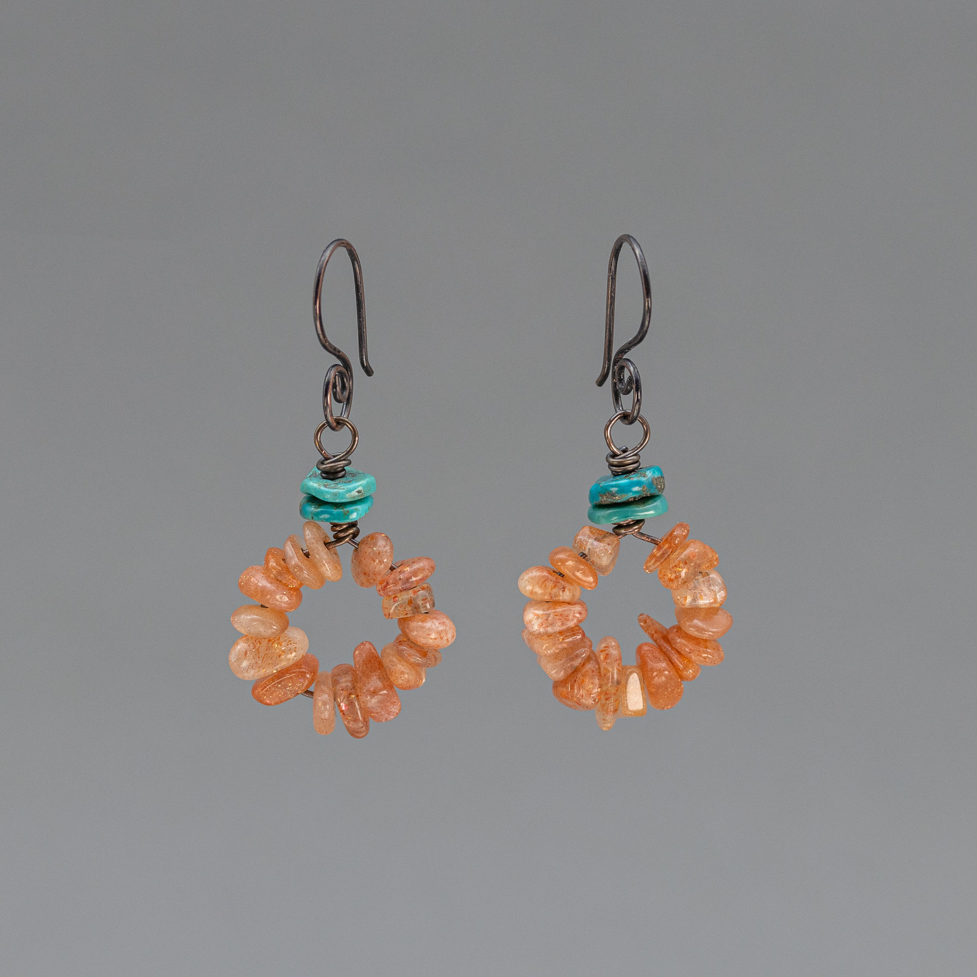 Sunstone and Turquoise Earrings, Boho Gemstone Chip Circle Earrings