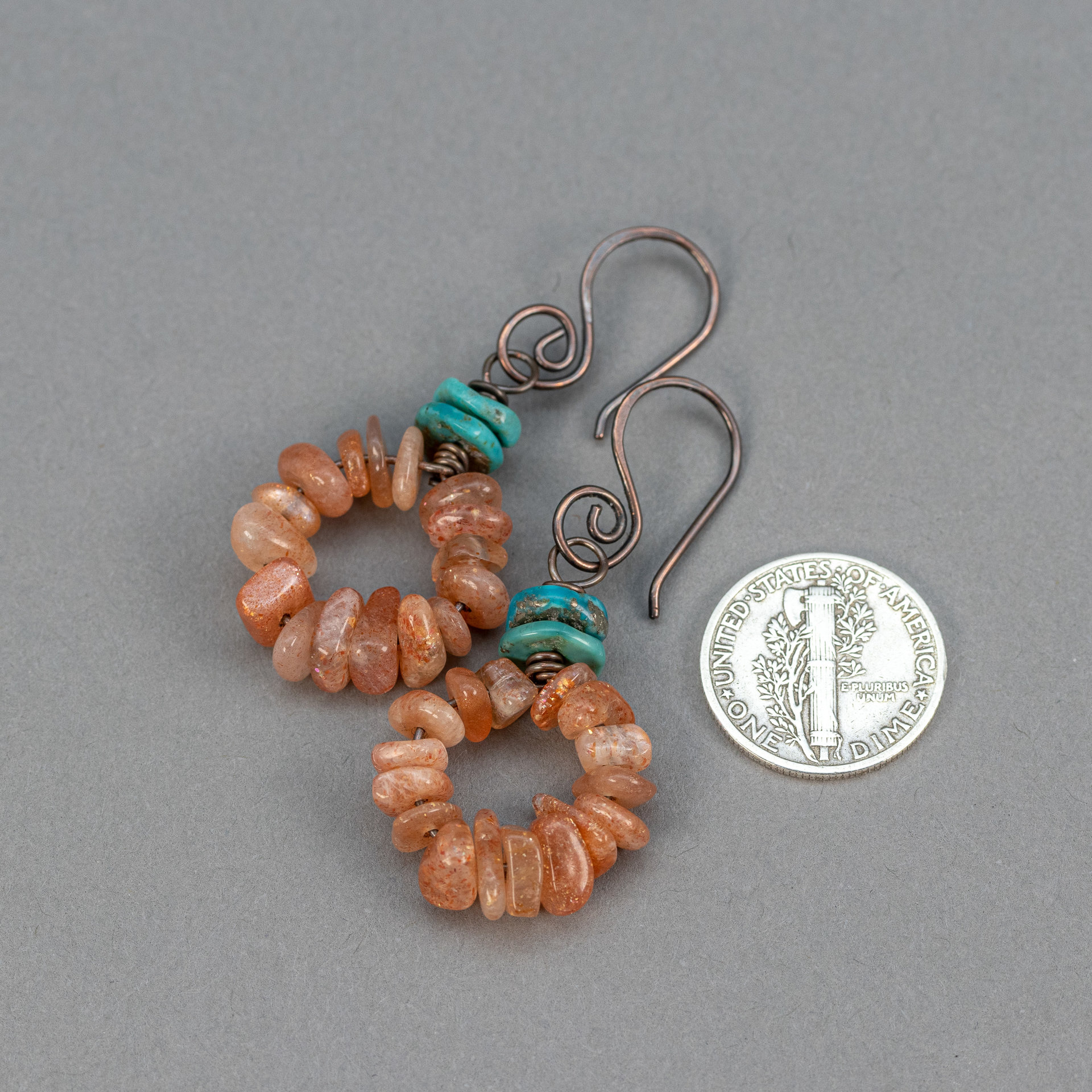 Sunstone and Turquoise Earrings, Boho Gemstone Chip Circle Earrings