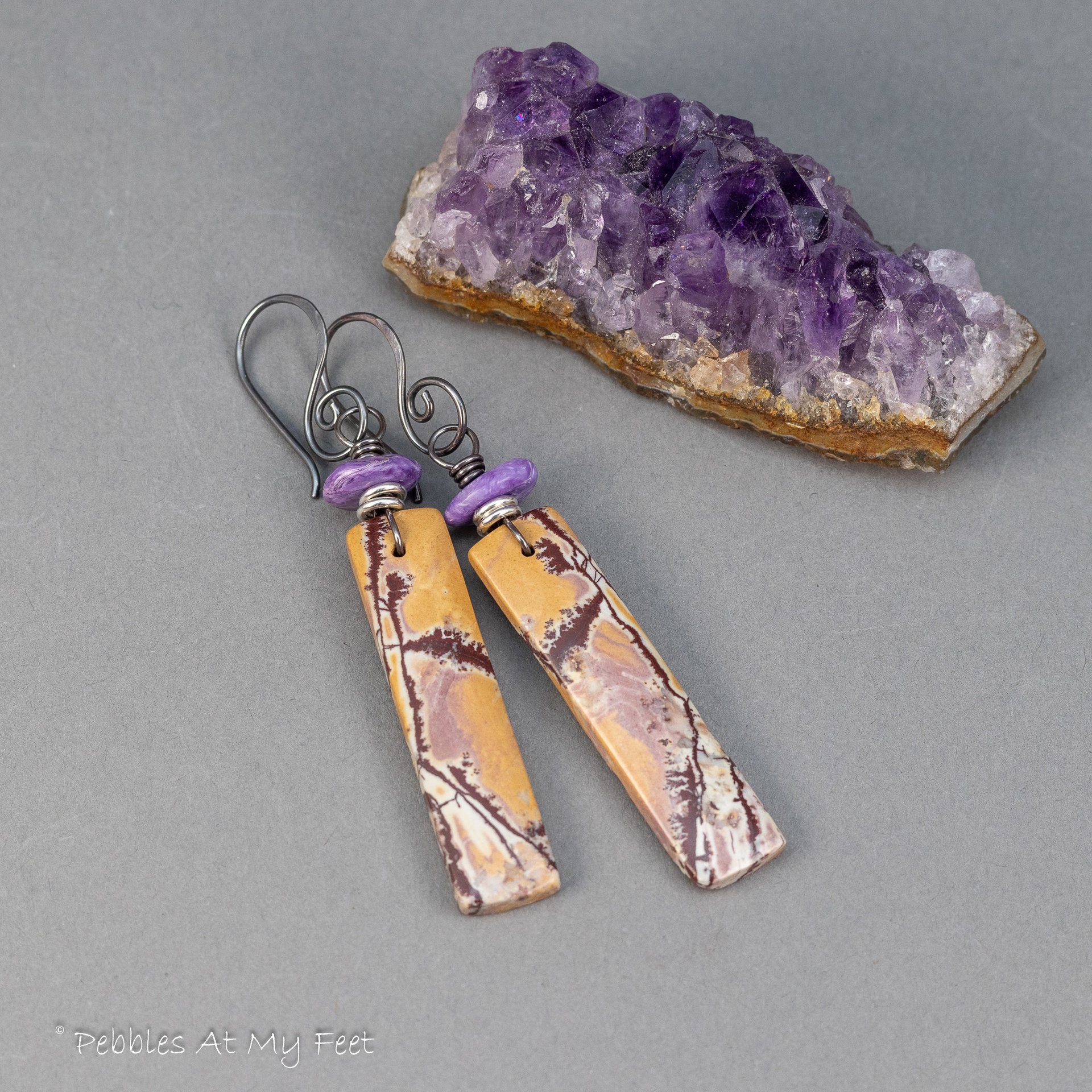 Yellow Ochre and Maroon Stone Earrings with Purple Charoite Accent