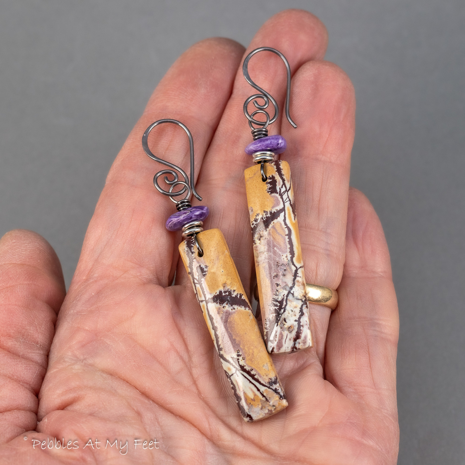Yellow Ochre and Maroon Stone Earrings with Purple Charoite Accent