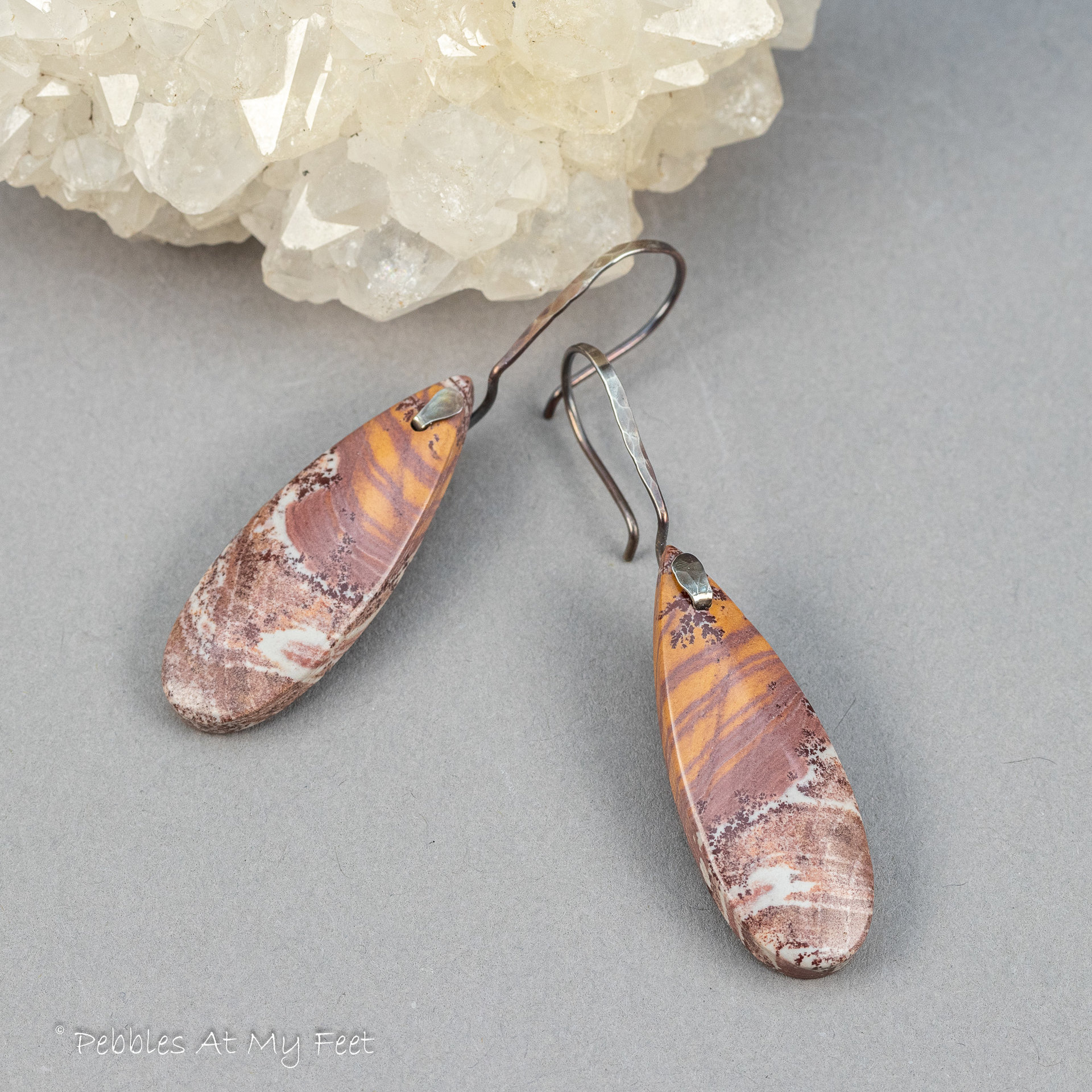 Orange White and Maroon Stone Earrings in Sterling Silver, Sonoran Dendritic Rhyolite Drop Earrings