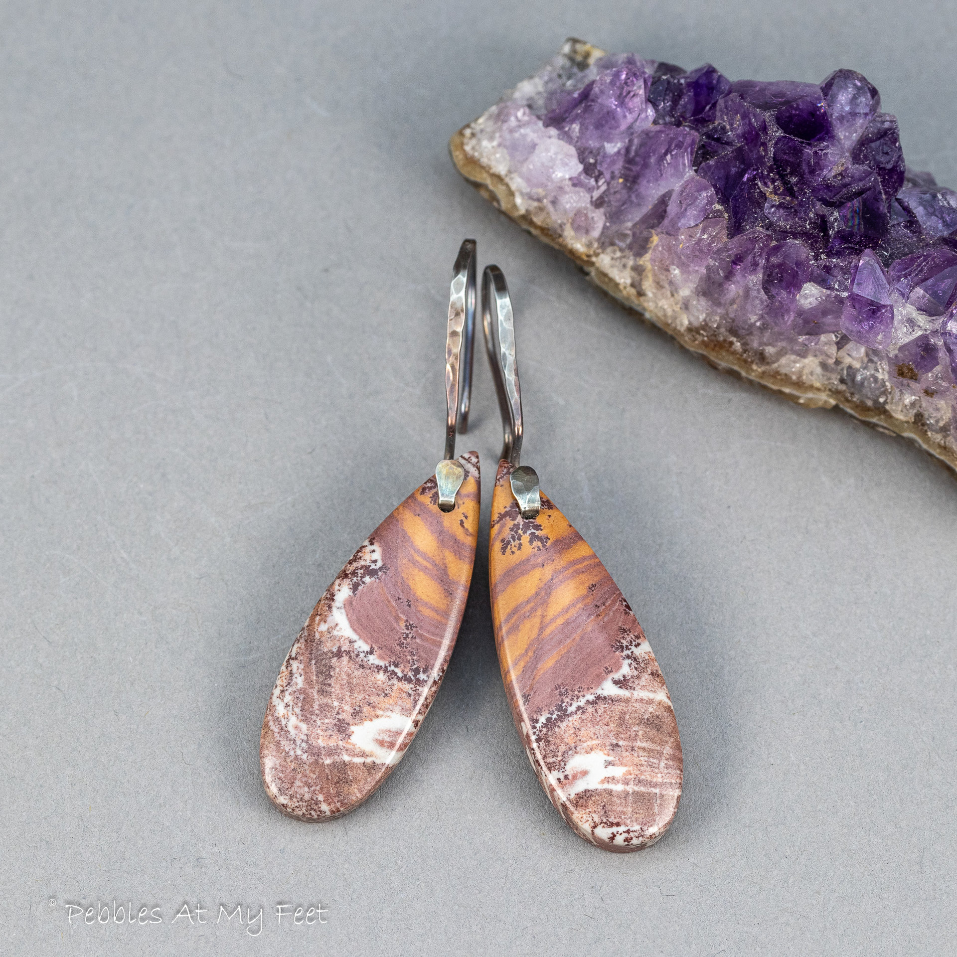 Orange White and Maroon Stone Earrings in Sterling Silver, Sonoran Dendritic Rhyolite Drop Earrings