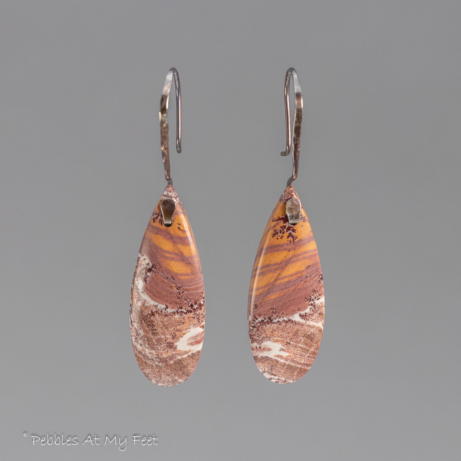Orange White and Maroon Stone Earrings in Sterling Silver, Sonoran Dendritic Rhyolite Drop Earrings