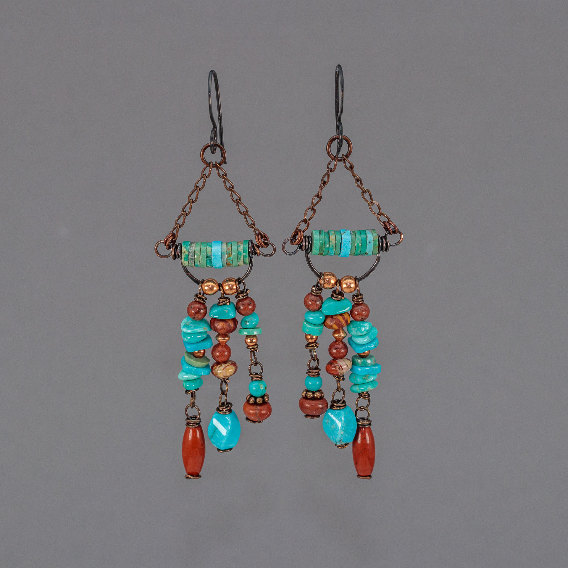 Chandelier Earrings with Three Dangling Strands of Turquoise and Jasper Stones