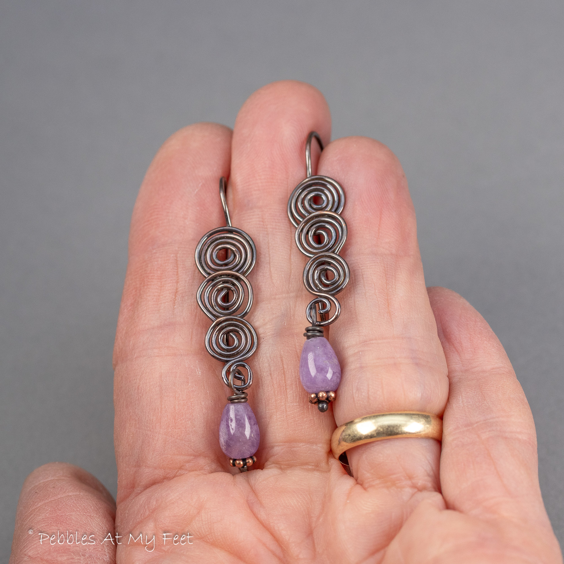 Handmade Copper Spiral Earrings with Amethyst Gemstones