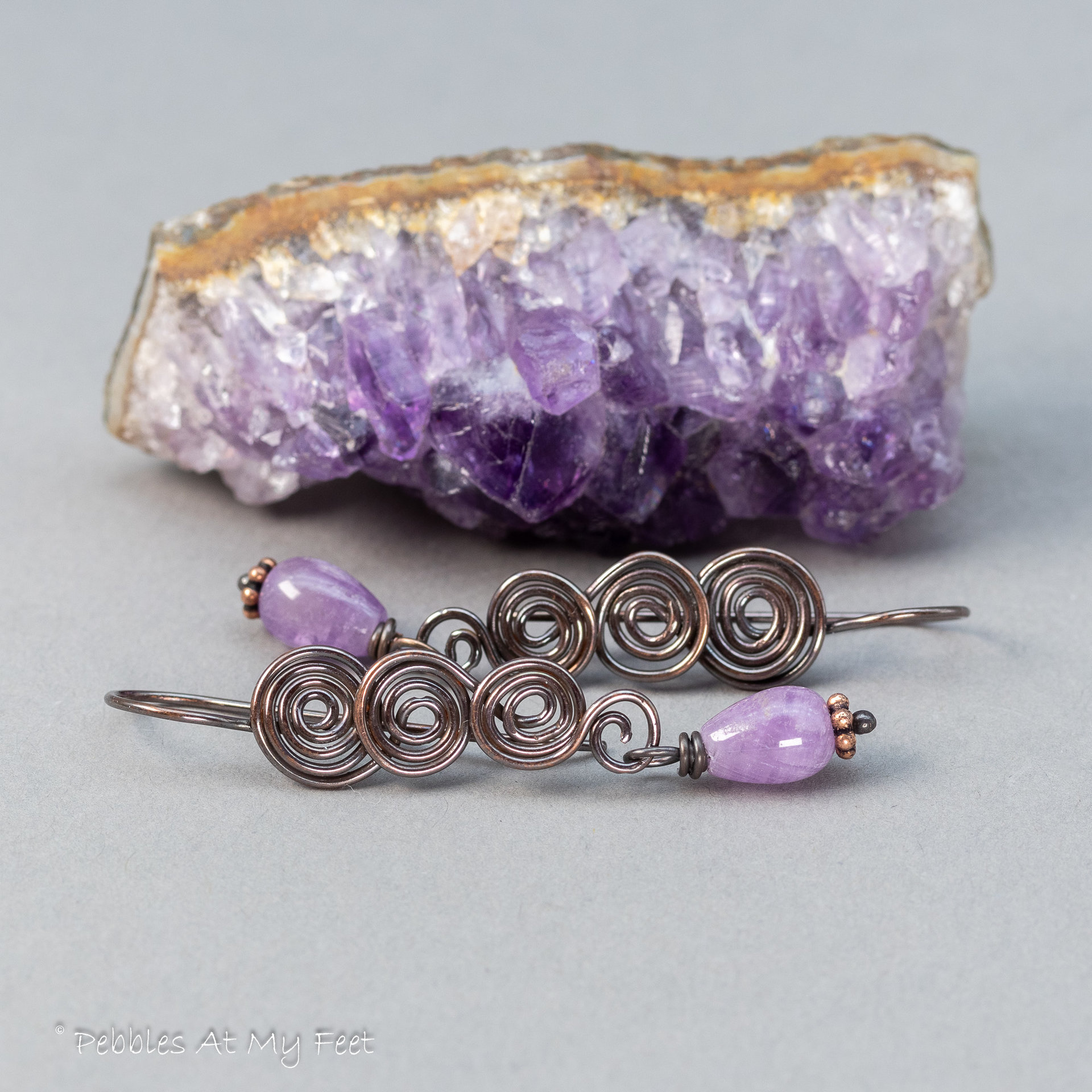 Handmade Copper Spiral Earrings with Amethyst Gemstones