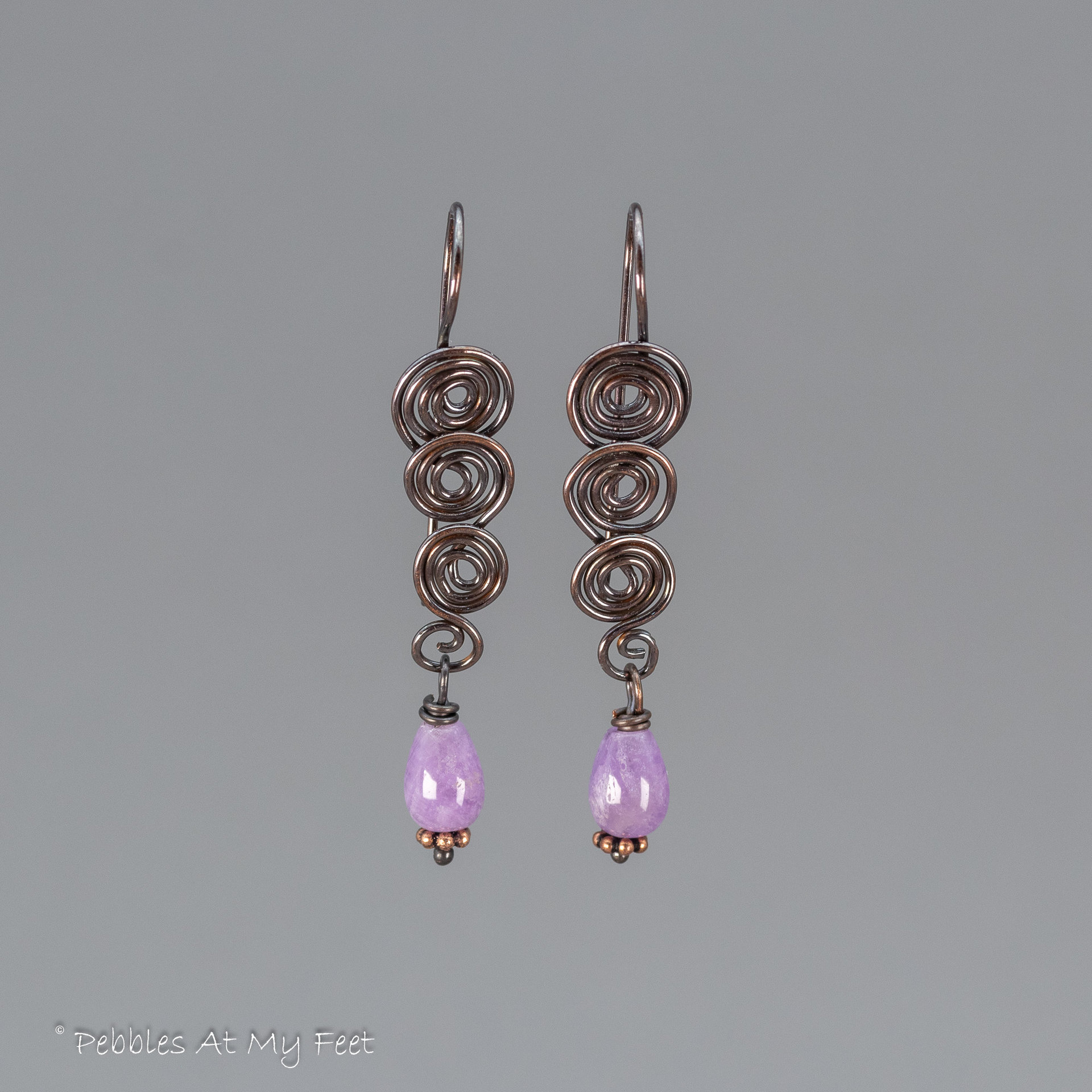 Handmade Copper Spiral Earrings with Amethyst Gemstones