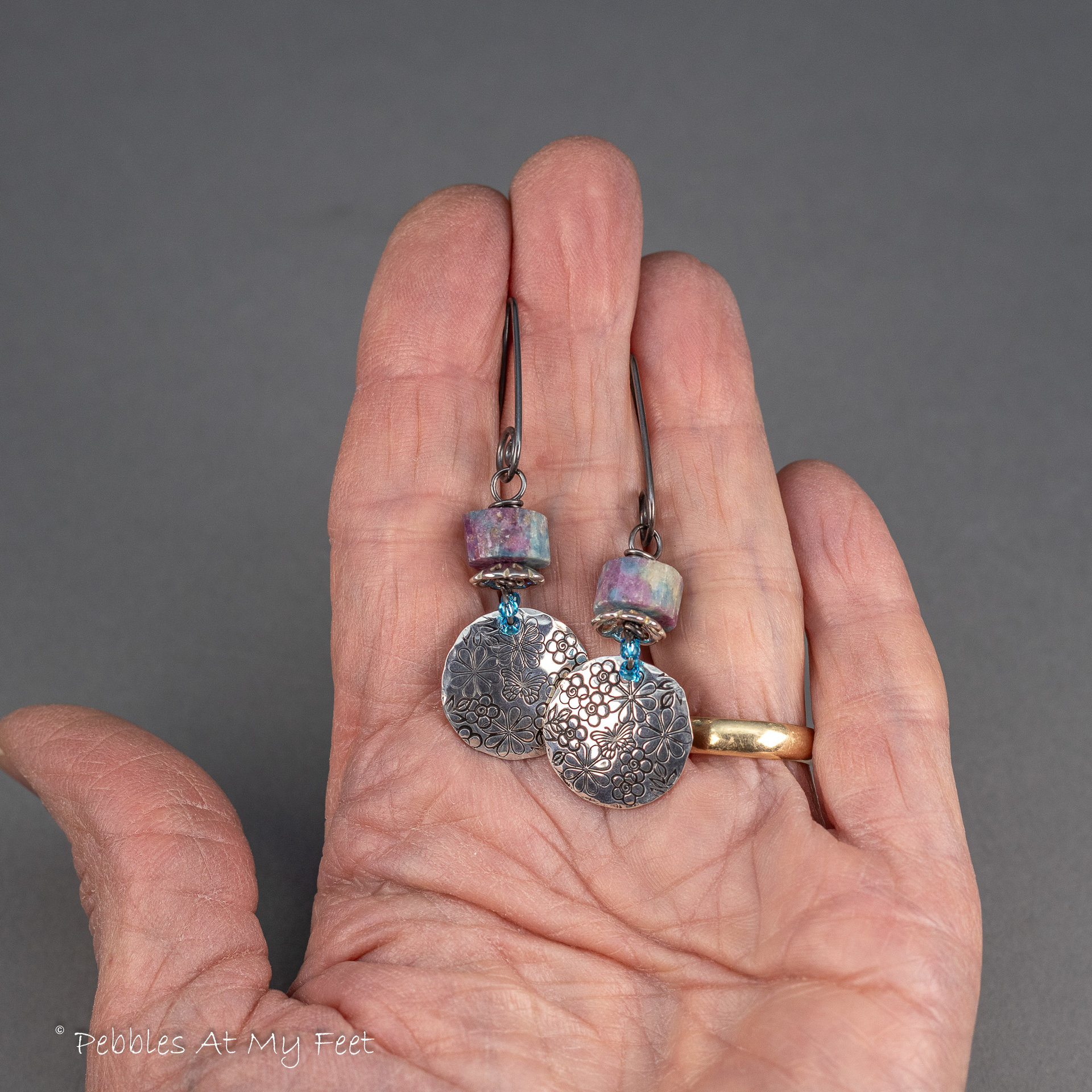 Ruby Kyanite Earrings with Sterling Silver Hand Stamped Wildflower Charms