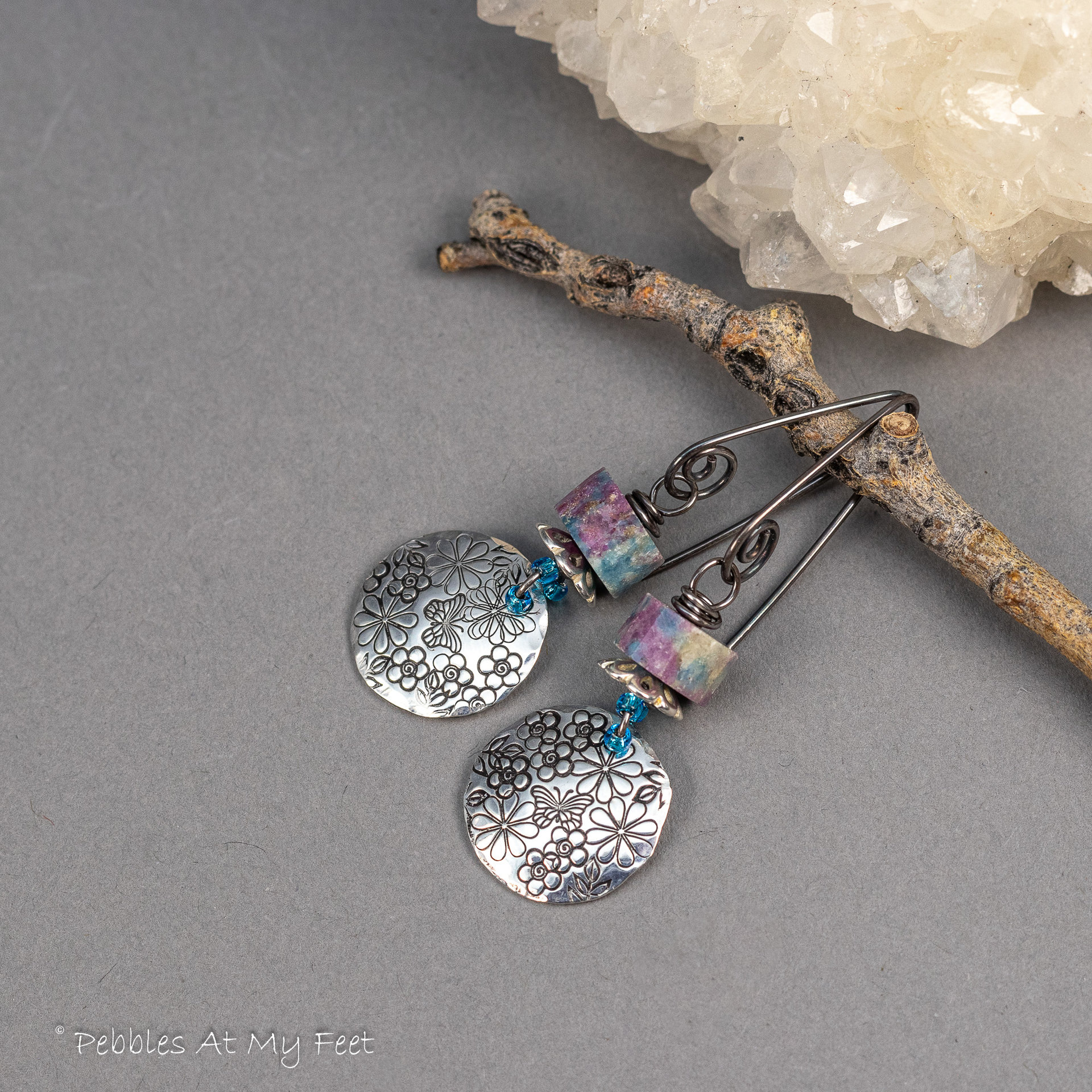 Ruby Kyanite Earrings with Sterling Silver Hand Stamped Wildflower Charms