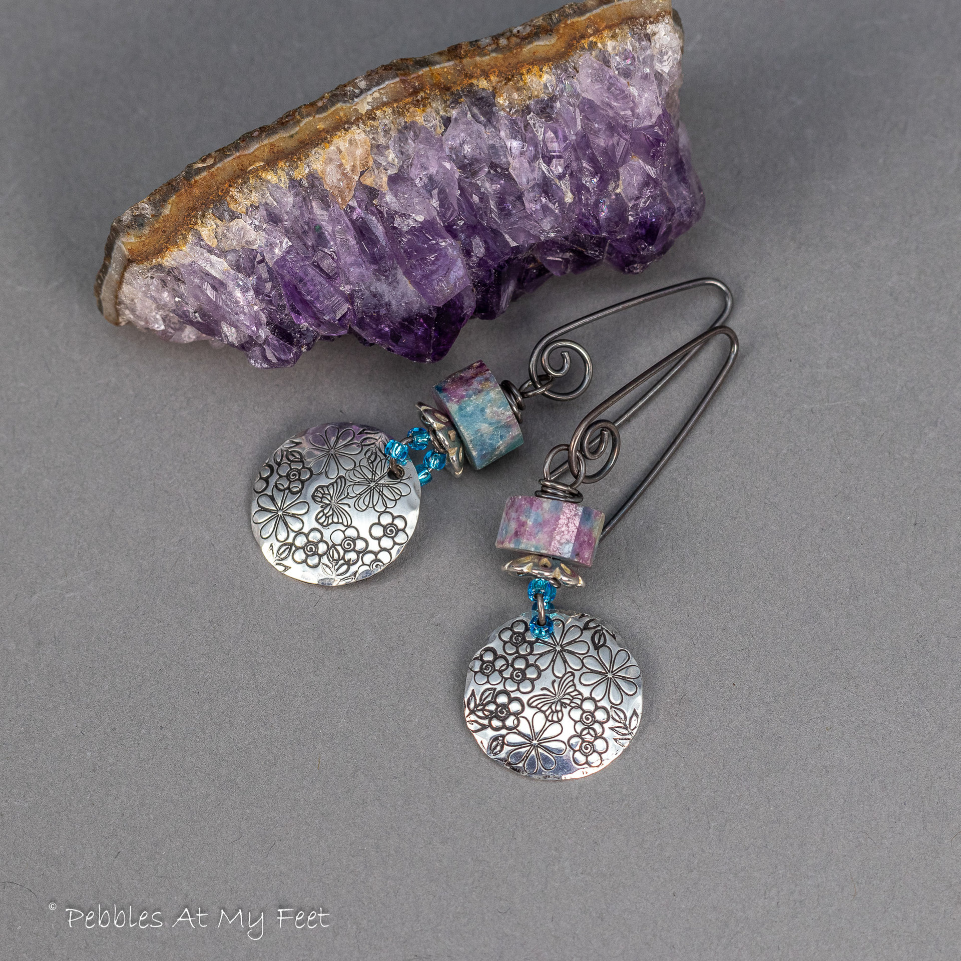 Ruby Kyanite Earrings with Sterling Silver Hand Stamped Wildflower Charms