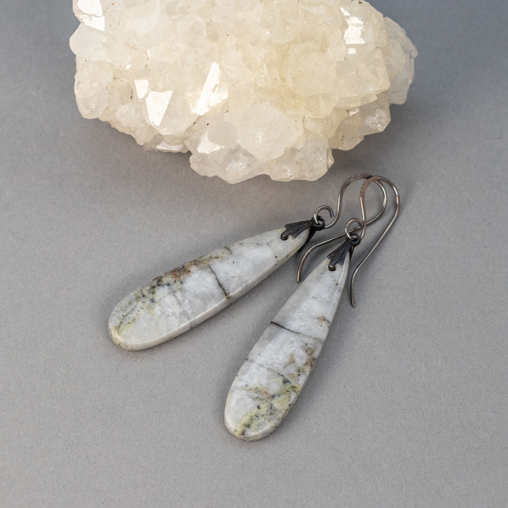 Marbled Gray Jasper Earrings, Brown and Gray Stone Teardrop Earrings