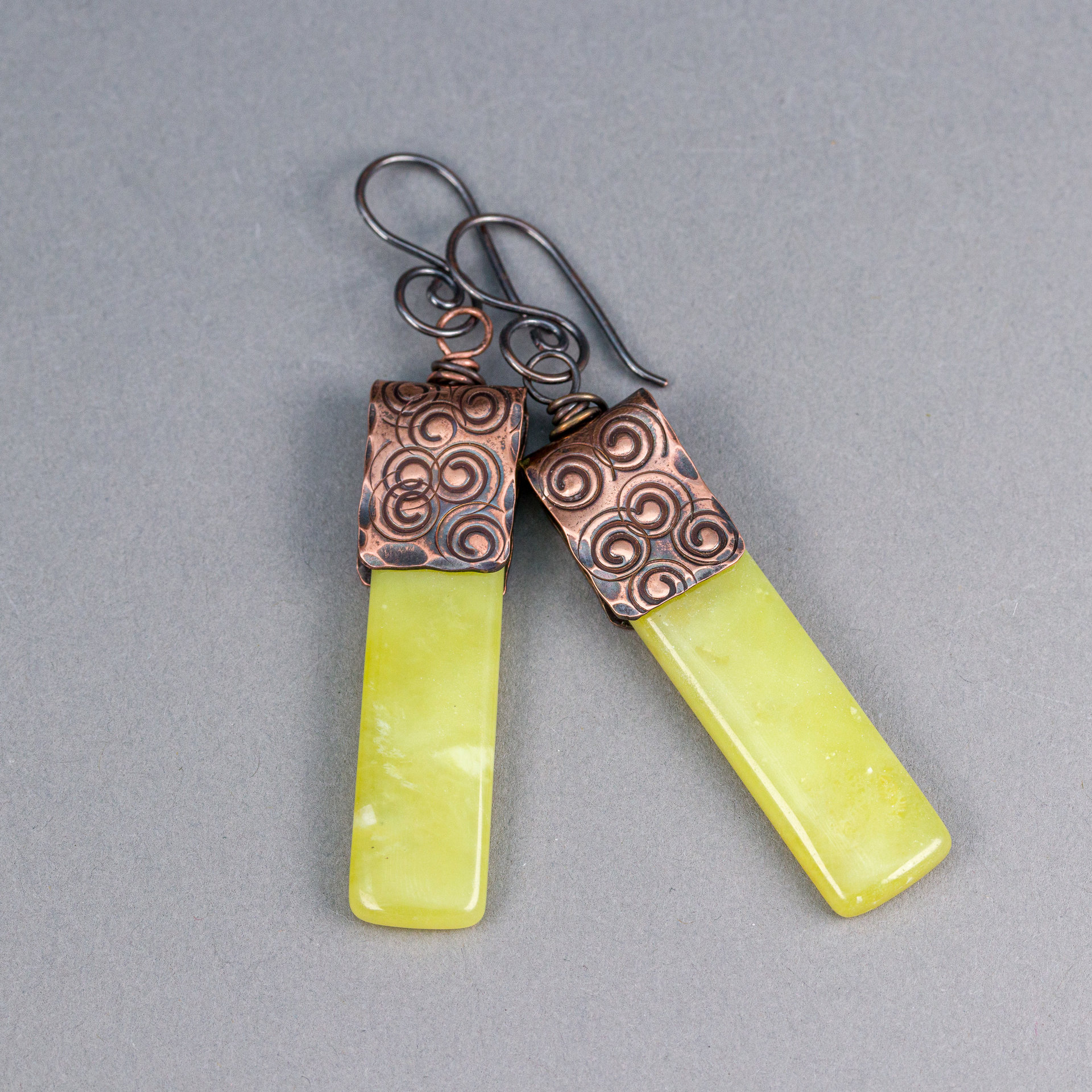 Vibrant Yellow Green Earrings, Natural Serpentine Stone Slab Earrings