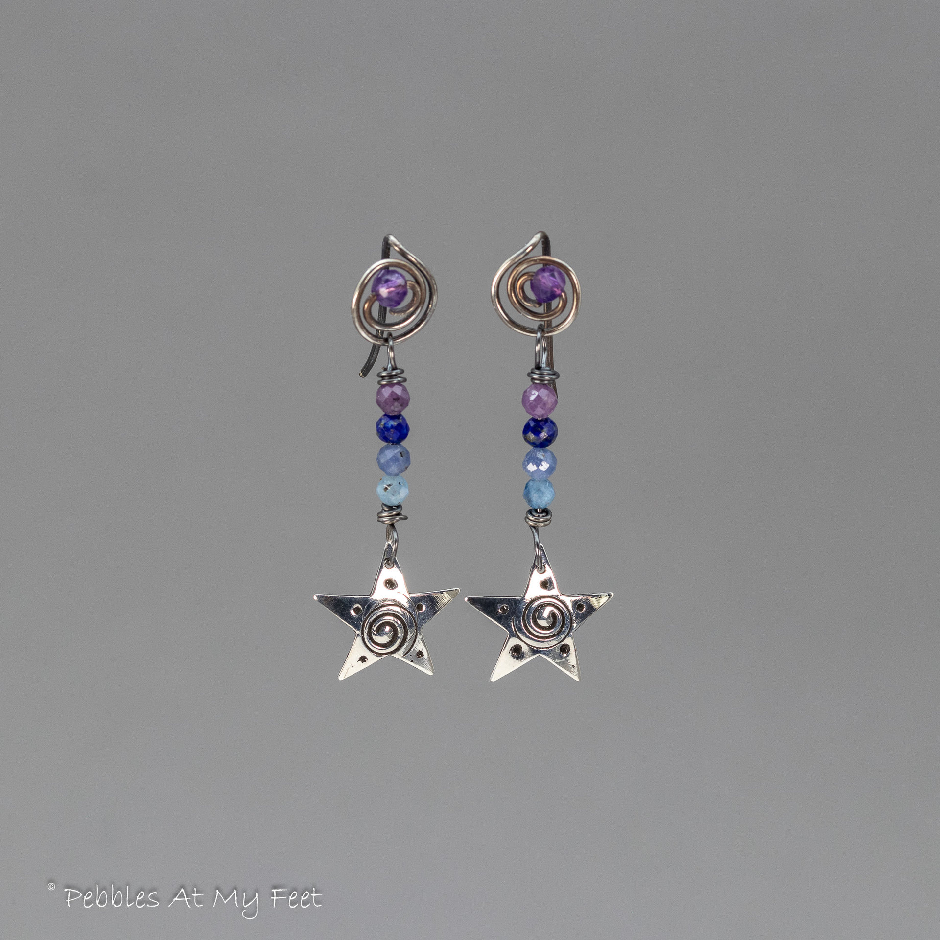 Dainty Silver Star Earrings with Purple and Blue Gemstones