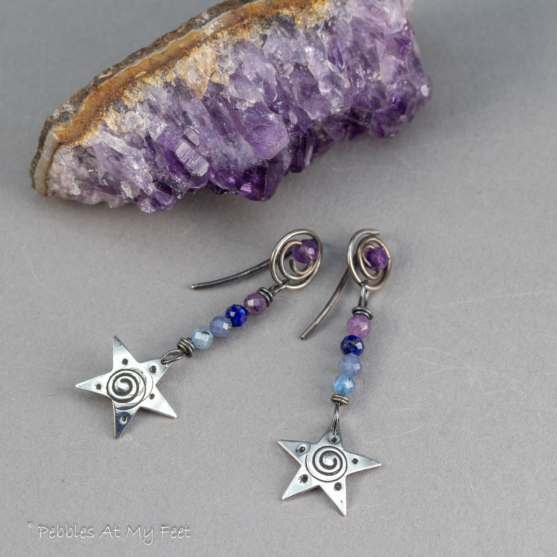 Dainty Silver Star Earrings with Purple and Blue Gemstones