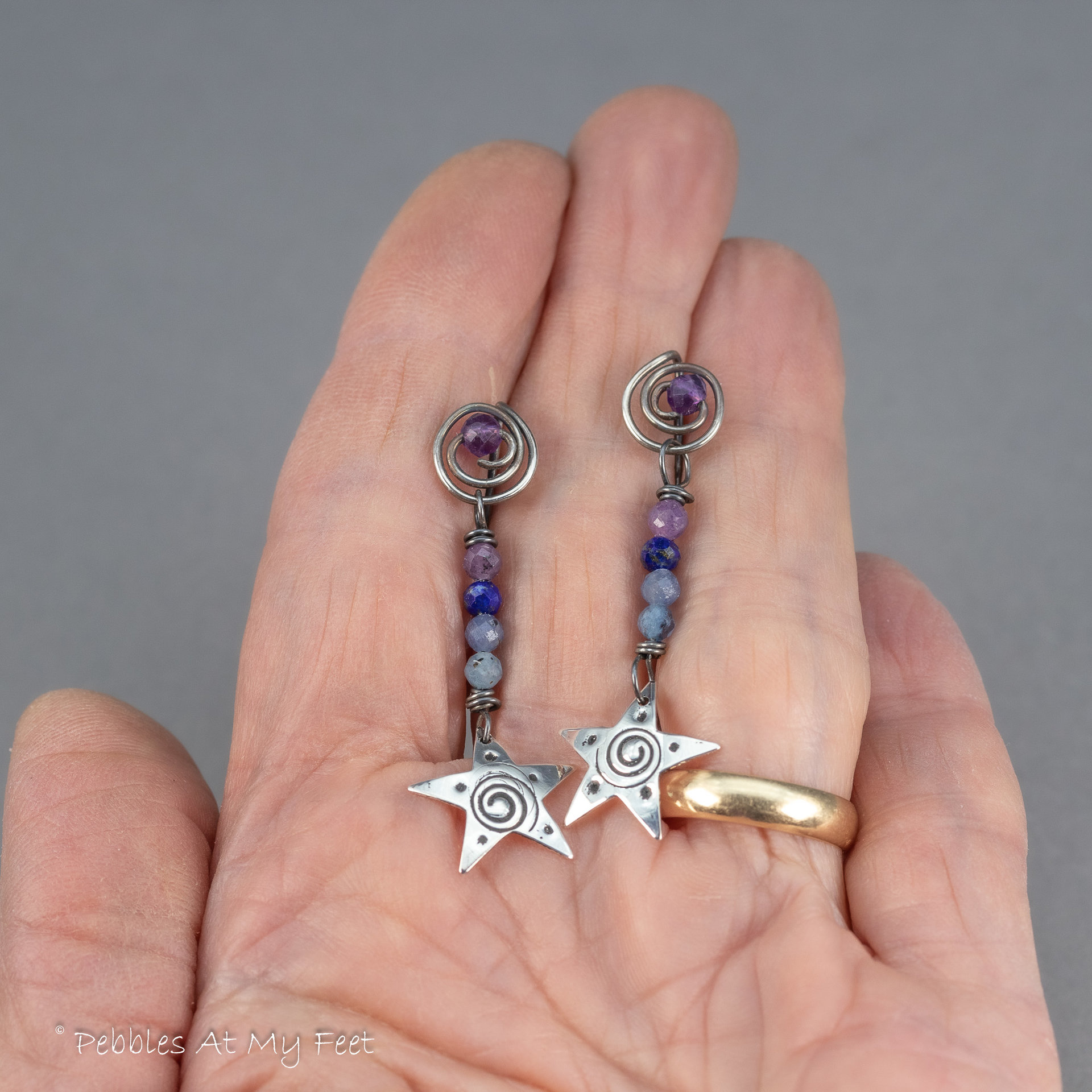 Dainty Silver Star Earrings with Purple and Blue Gemstones