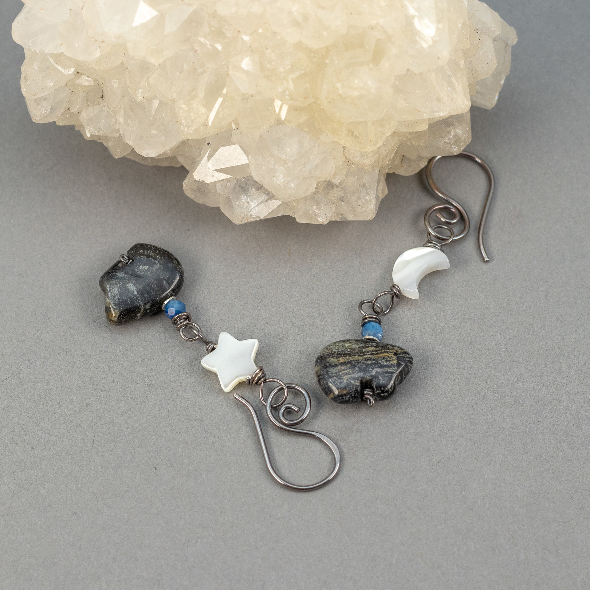 Black Stone Zuni Style Bear Earrings with Moon and Star