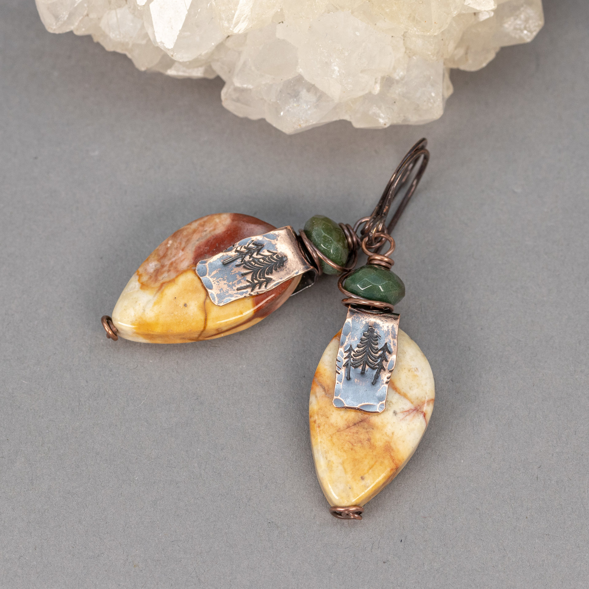 Marbled Brown Toned Jasper Earrings with Handmade Copper Pine Tree Accents