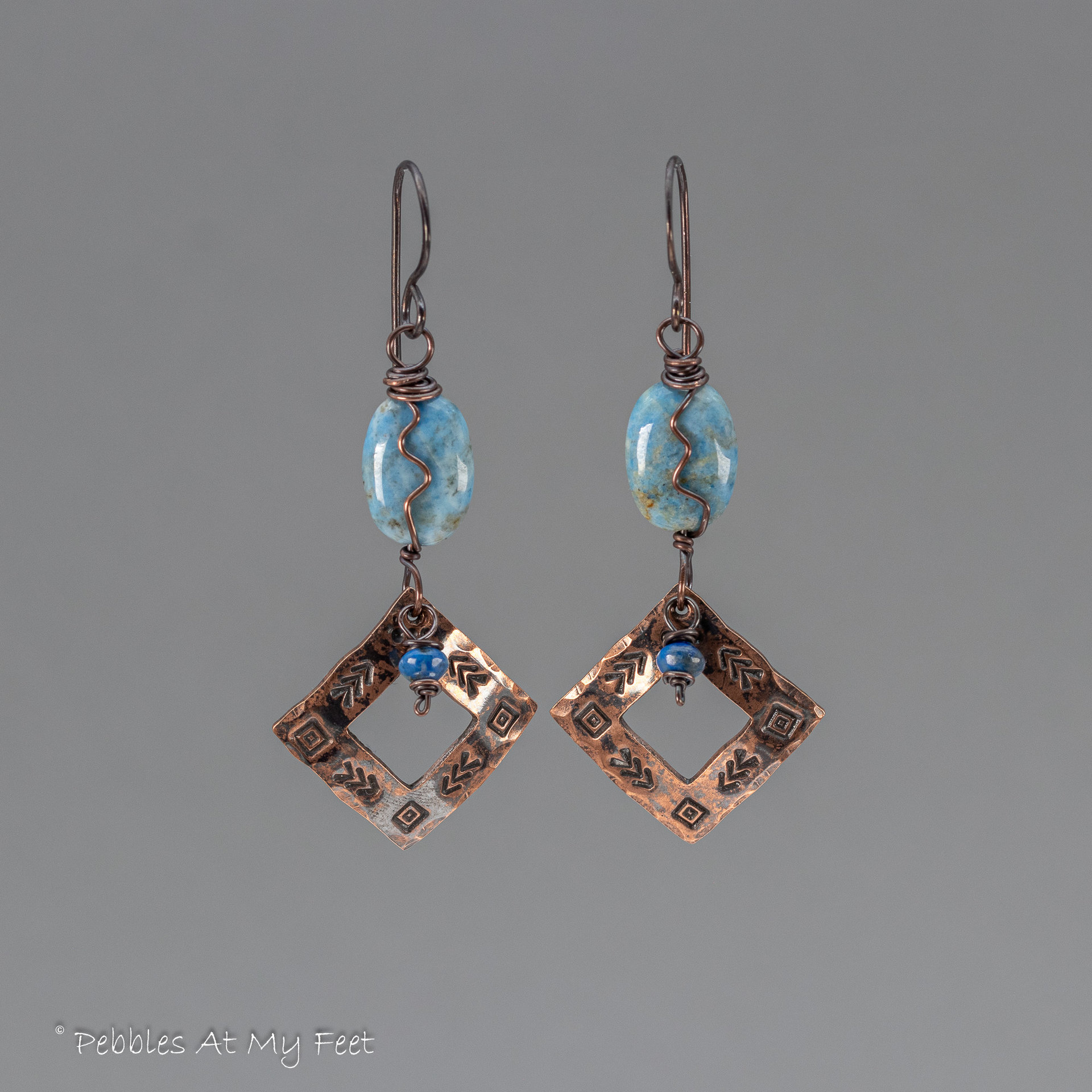 Western Style Handmade Copper Earrings with Denim Lapis Natural Stones