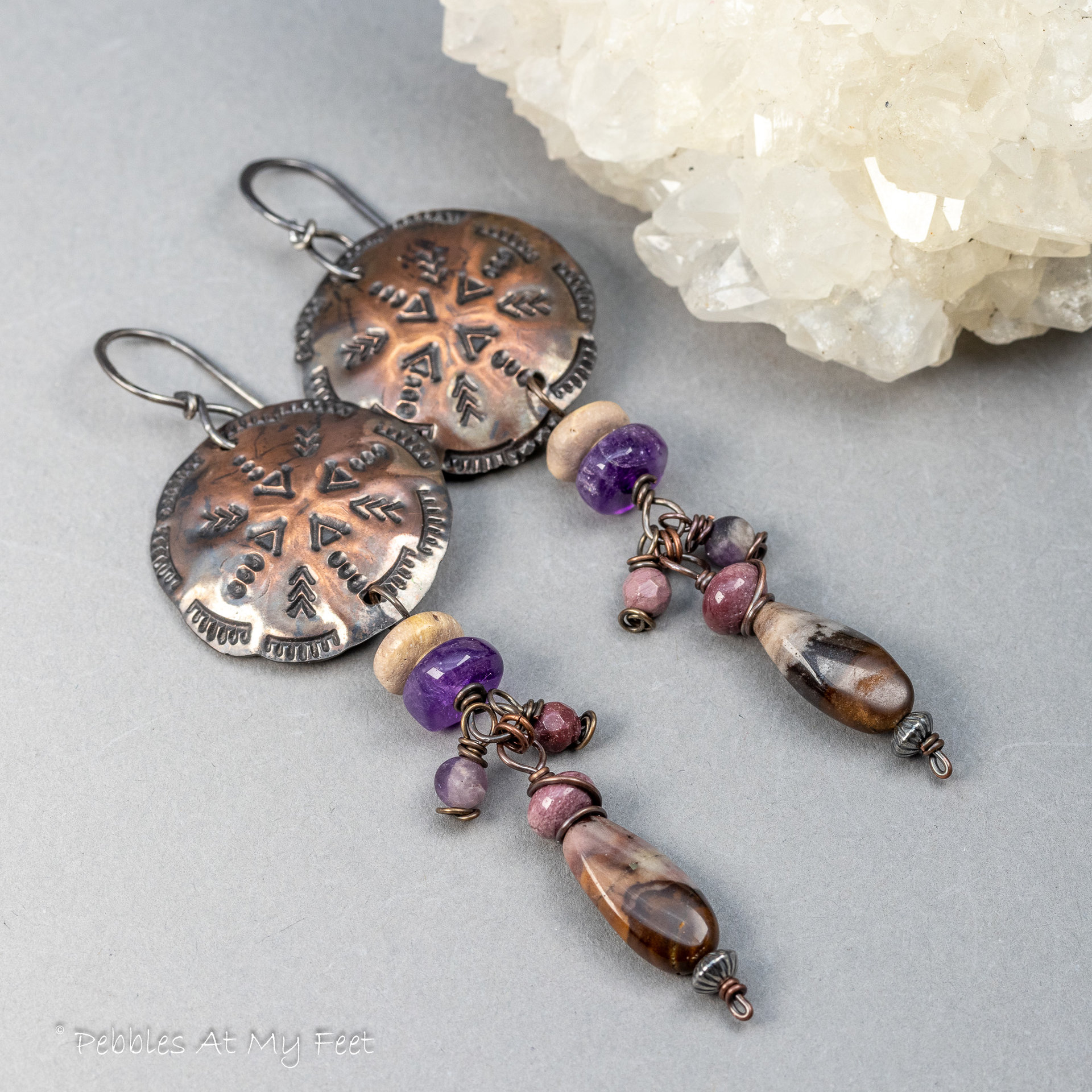 Textured Copper Earrings with Jasper and Amethyst Natural Stones