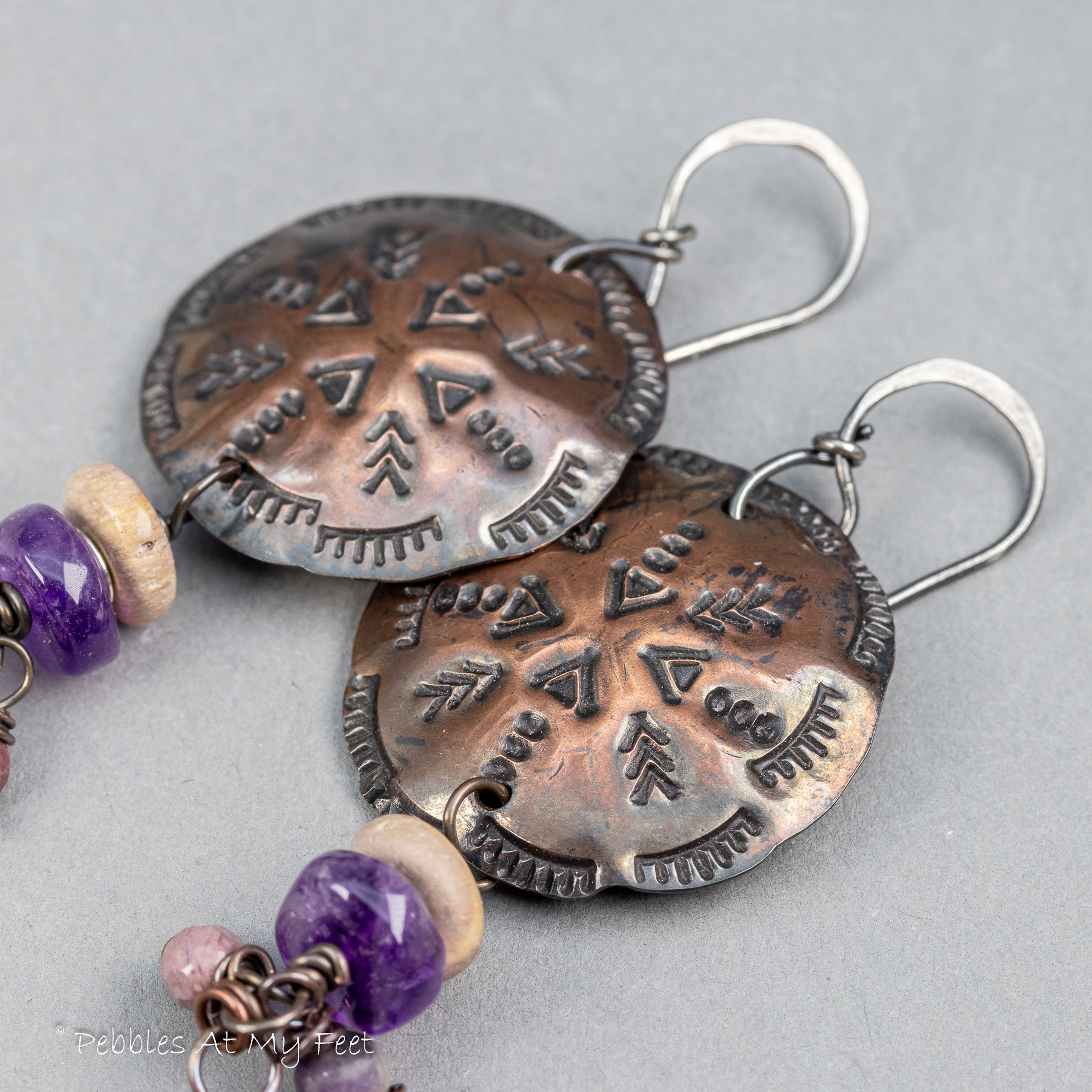 Western Style Textured Copper Mandala Earrings with Jasper and Amethyst Natural Stones