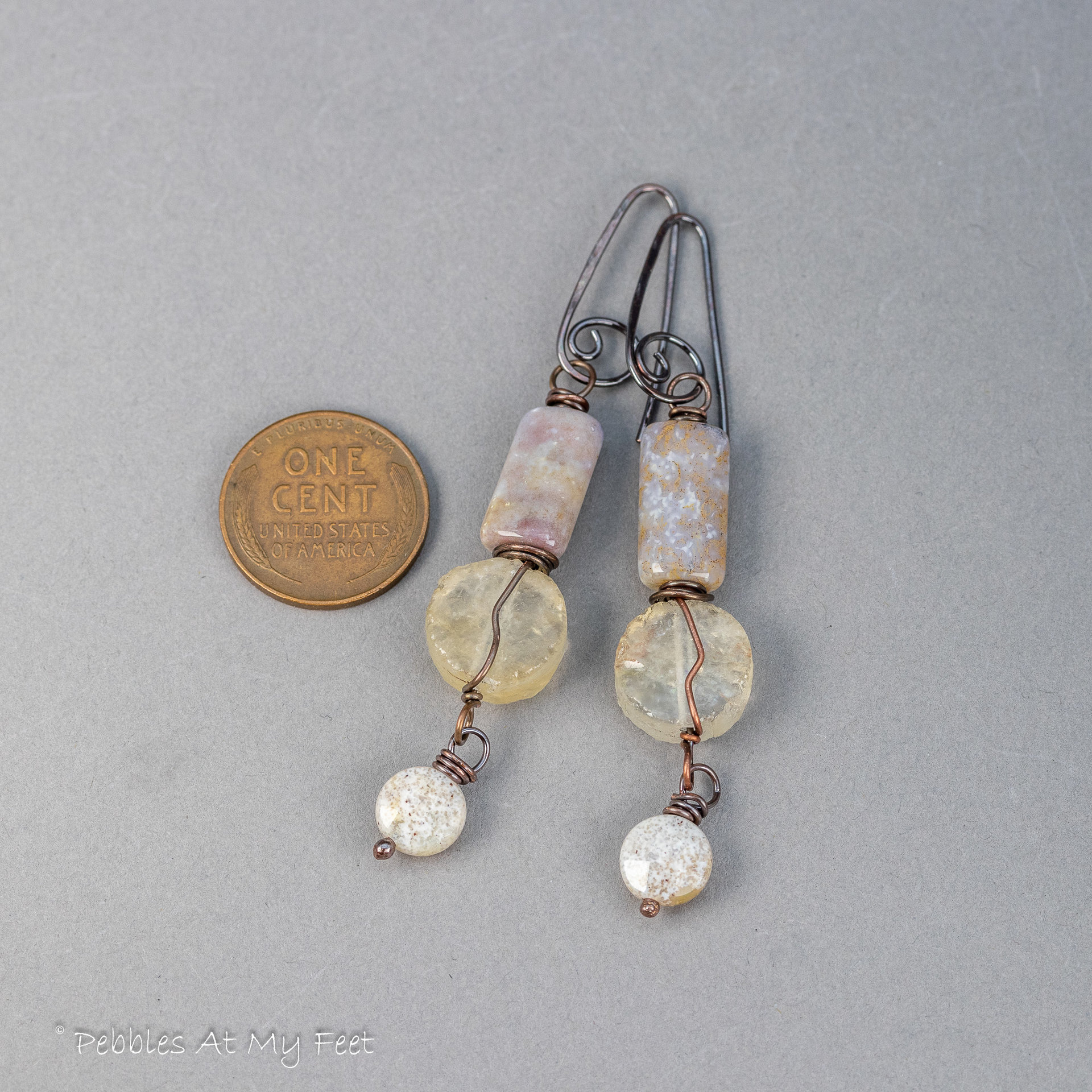 Pale Yellow Stone Earrings, Raw Citrine Earrings in Darkened Copper
