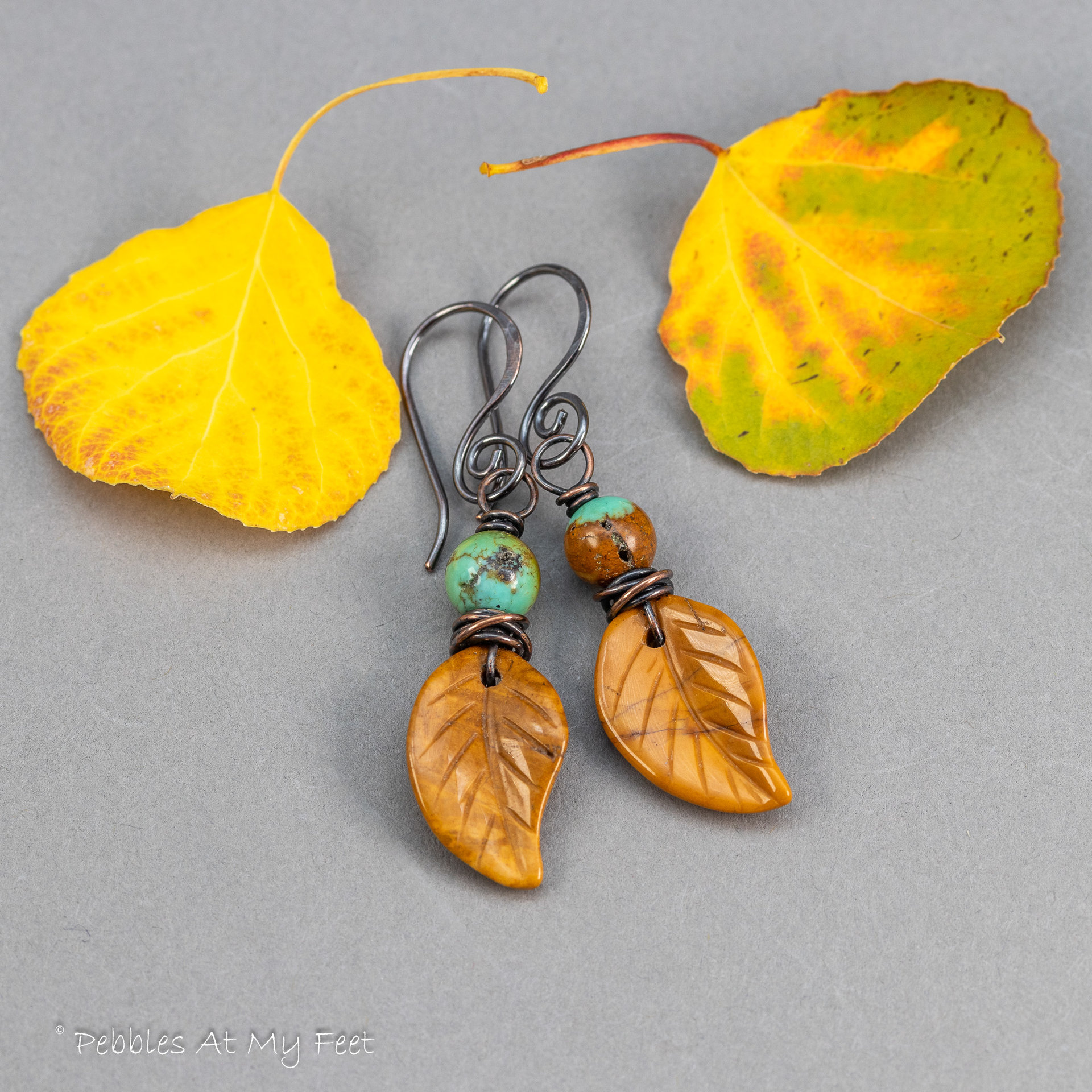 Autumn Earrings, Carved Yellow Jasper Leaf Earrings with Turquoise