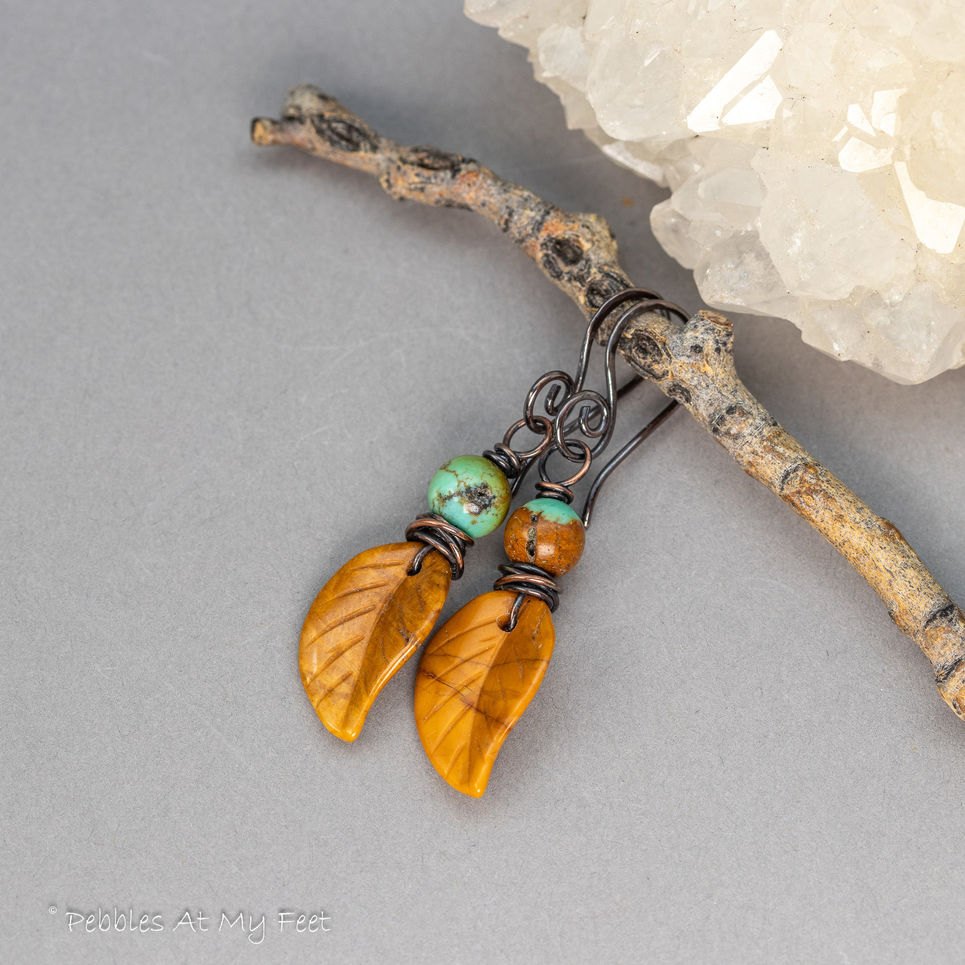 Autumn Earrings, Carved Yellow Jasper Leaf Earrings with Turquoise