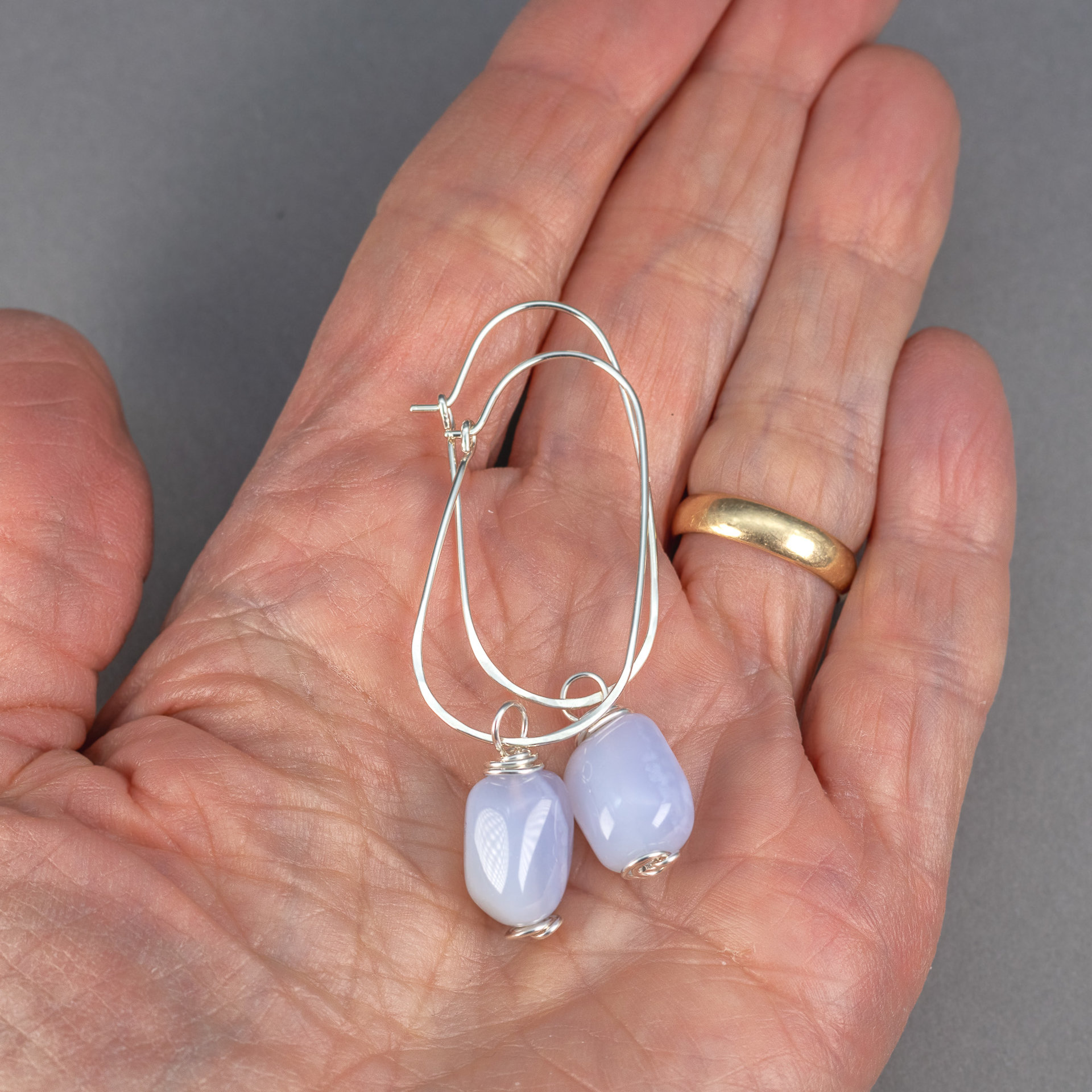 Handcrafted Sterling Silver Oval Hoop Earrings with Blue Chalcedony Natural Stones