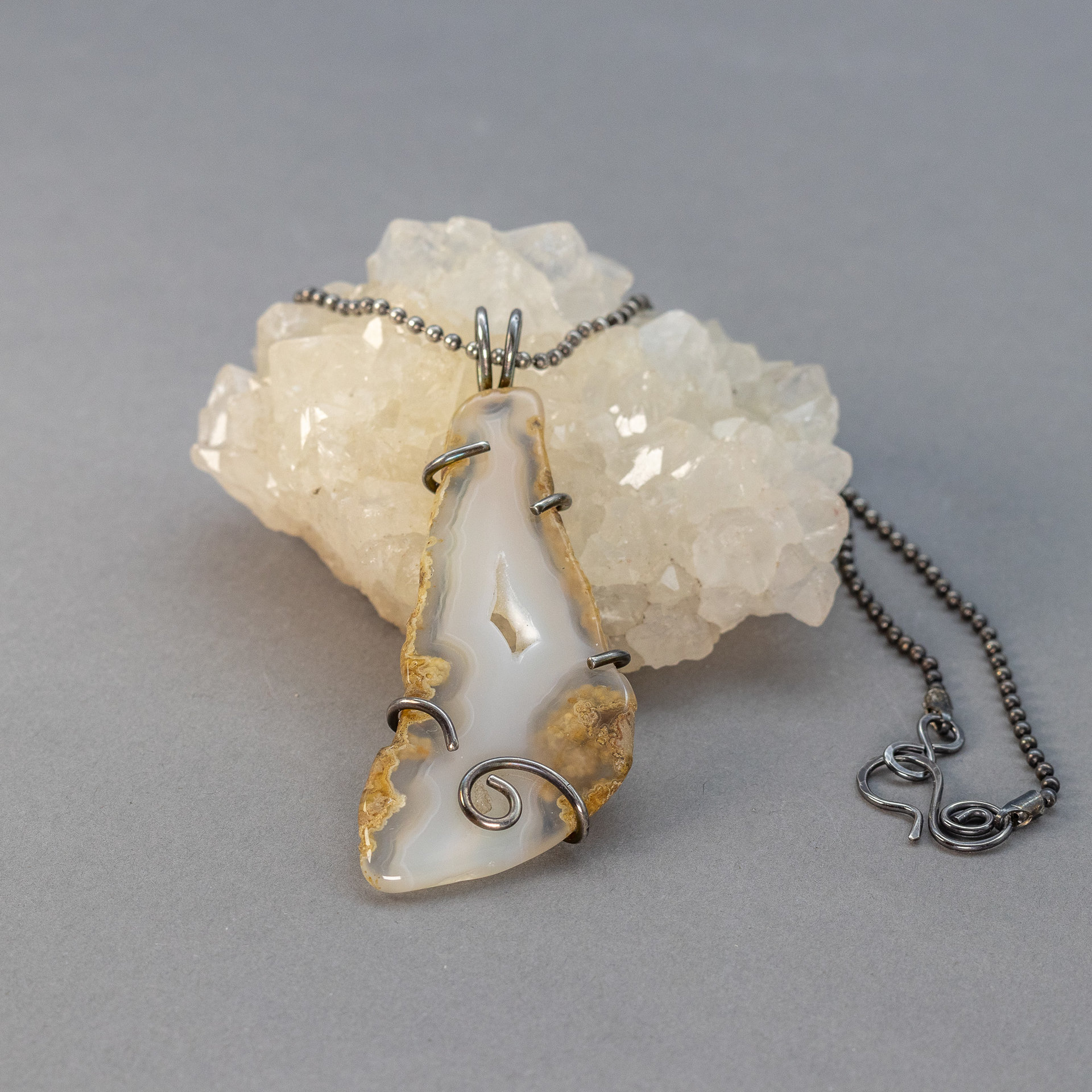 Rustic Agate Slice Pendant Necklace in Sterling Silver