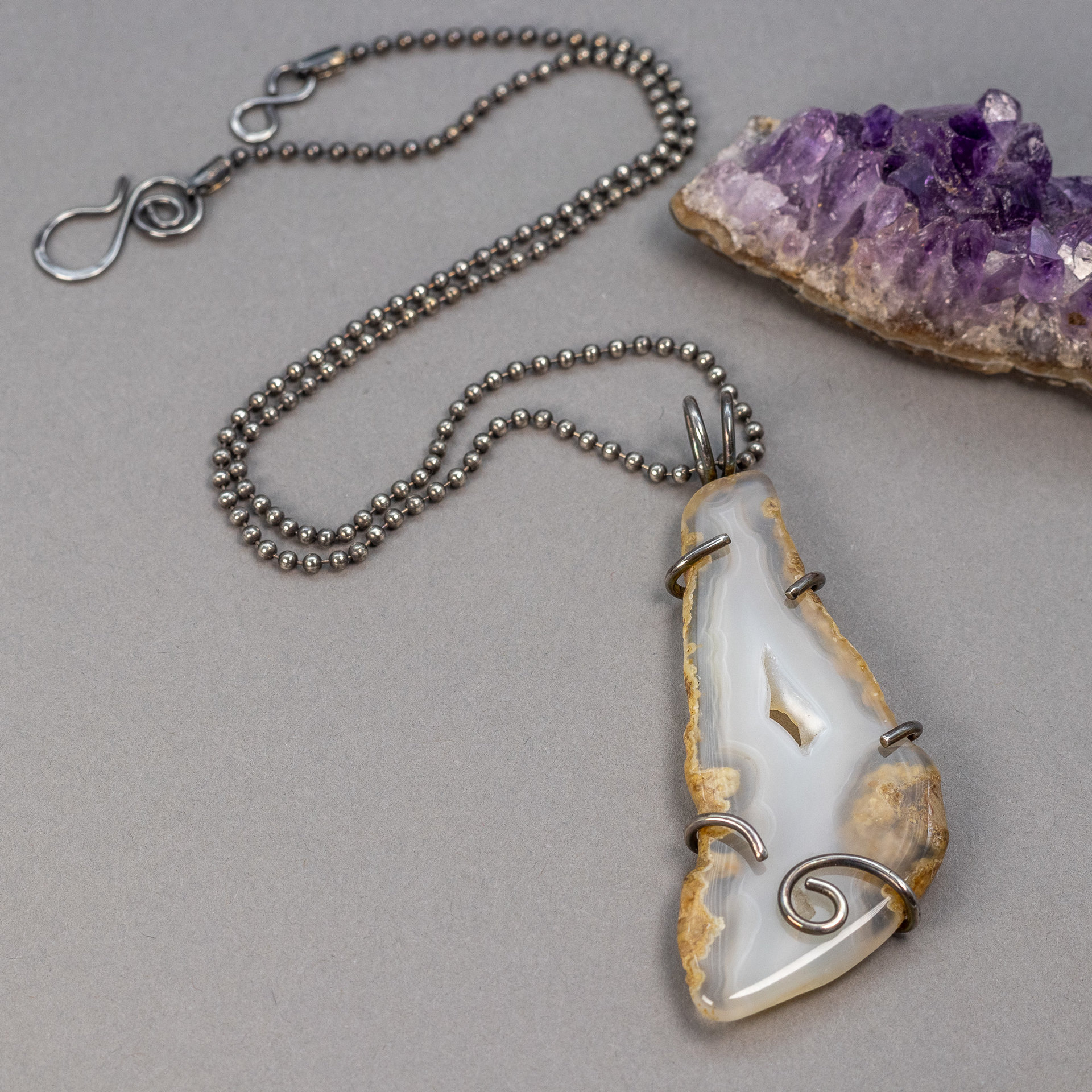 Rustic Agate Slice Pendant Necklace in Sterling Silver