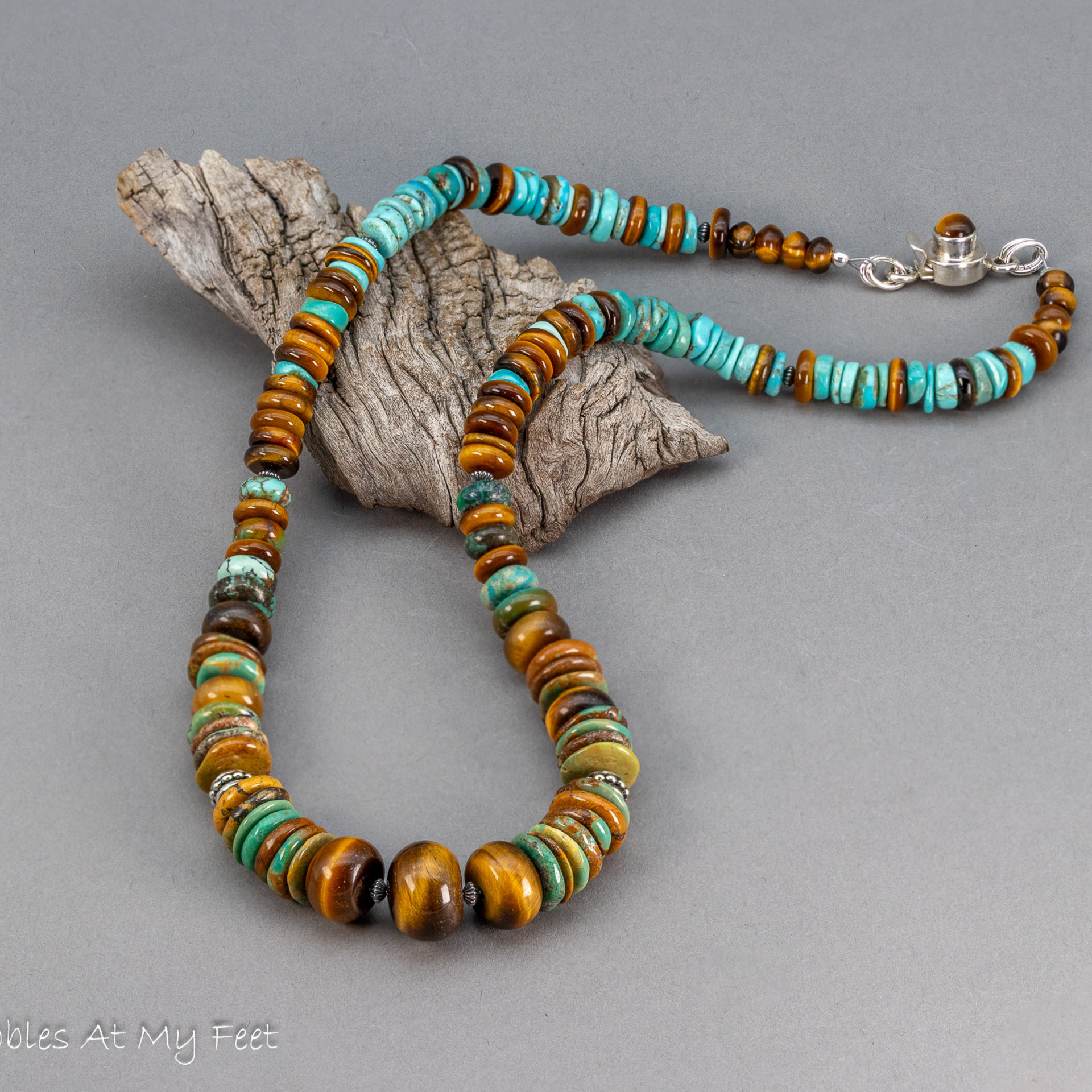 Chunky Beaded Necklace with Genuine Turquoise and Tiger Eye Gemstones