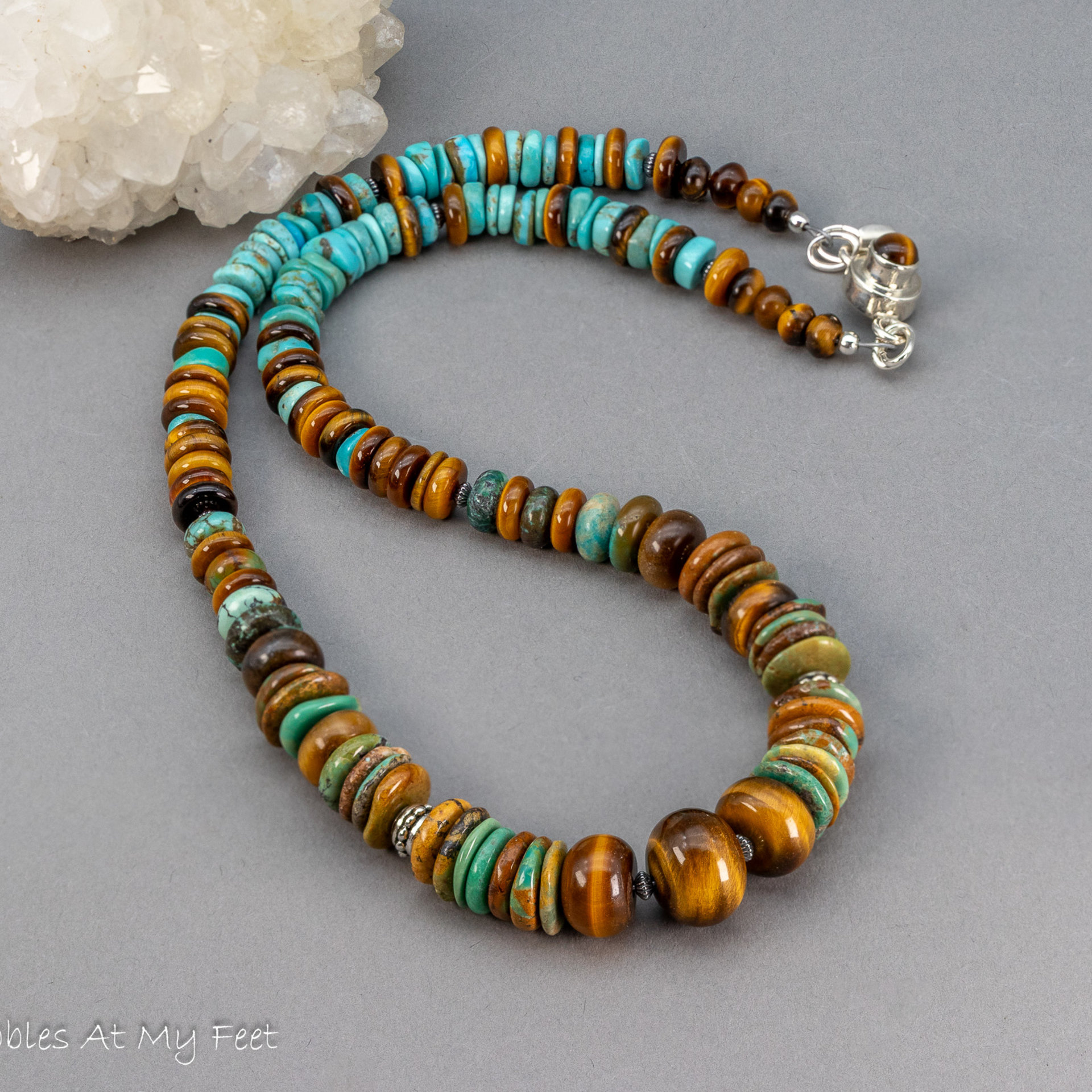 Chunky Beaded Necklace with Genuine Turquoise and Tiger Eye Gemstones